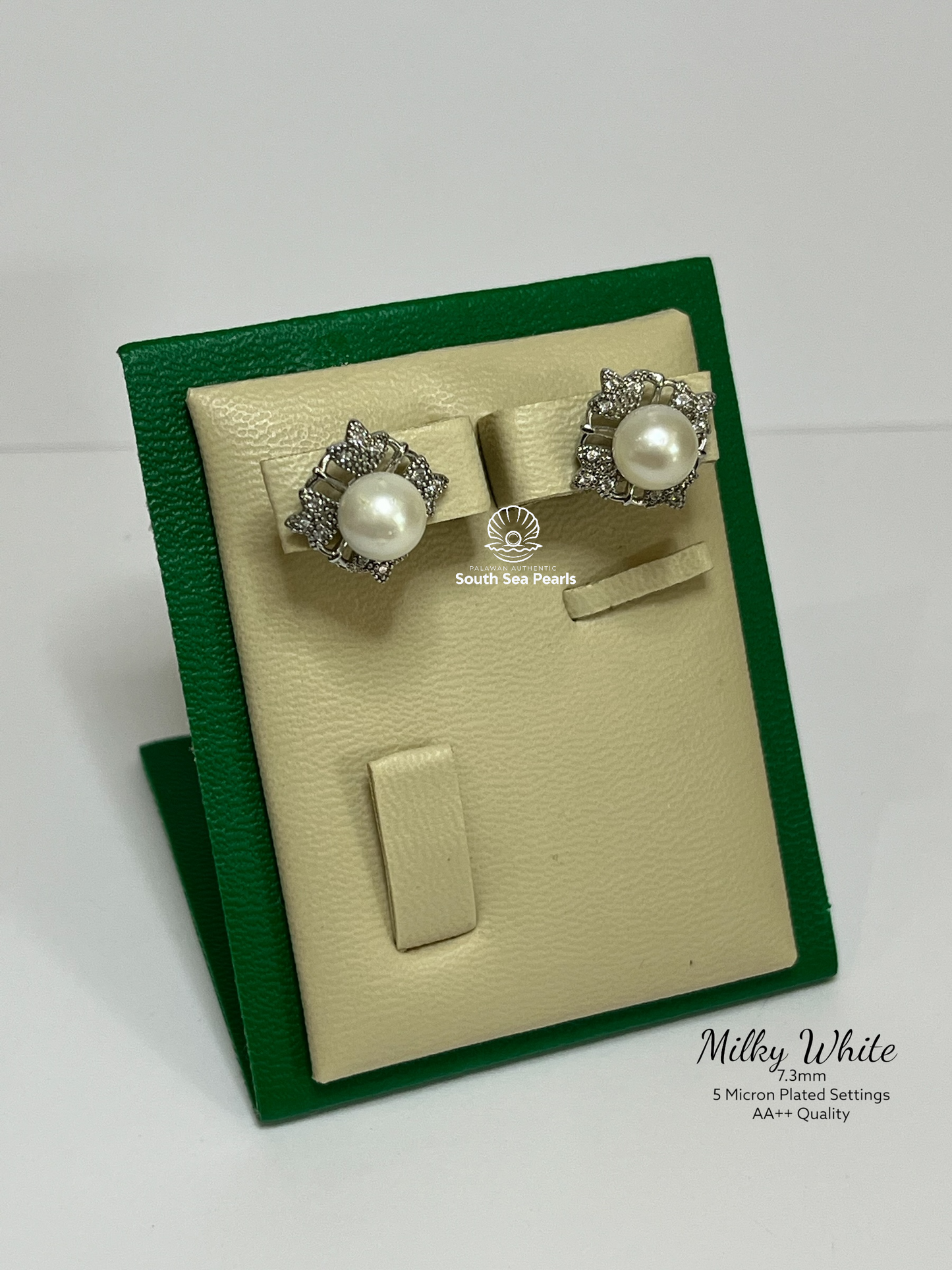 7.3mm Palawan Authentic Milky White Color South Sea Pearl Earrings in 5 Micron Plated Settings