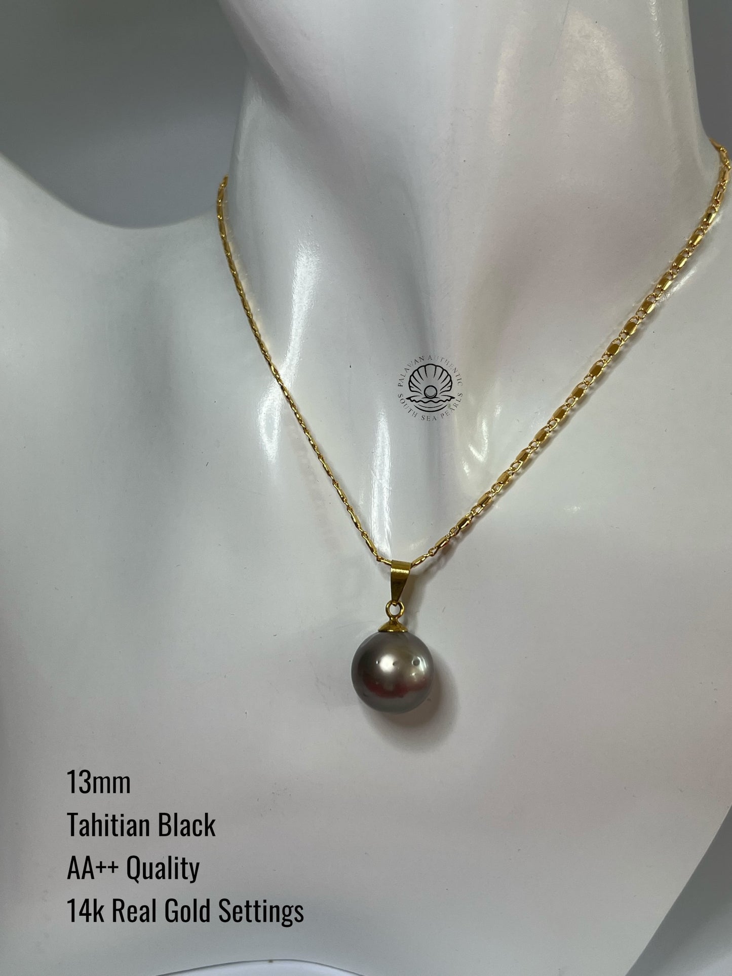 13mm Palawan Authentic Tahitian Black Color South Sea Pearl Pendant in 14k Real Gold Settings