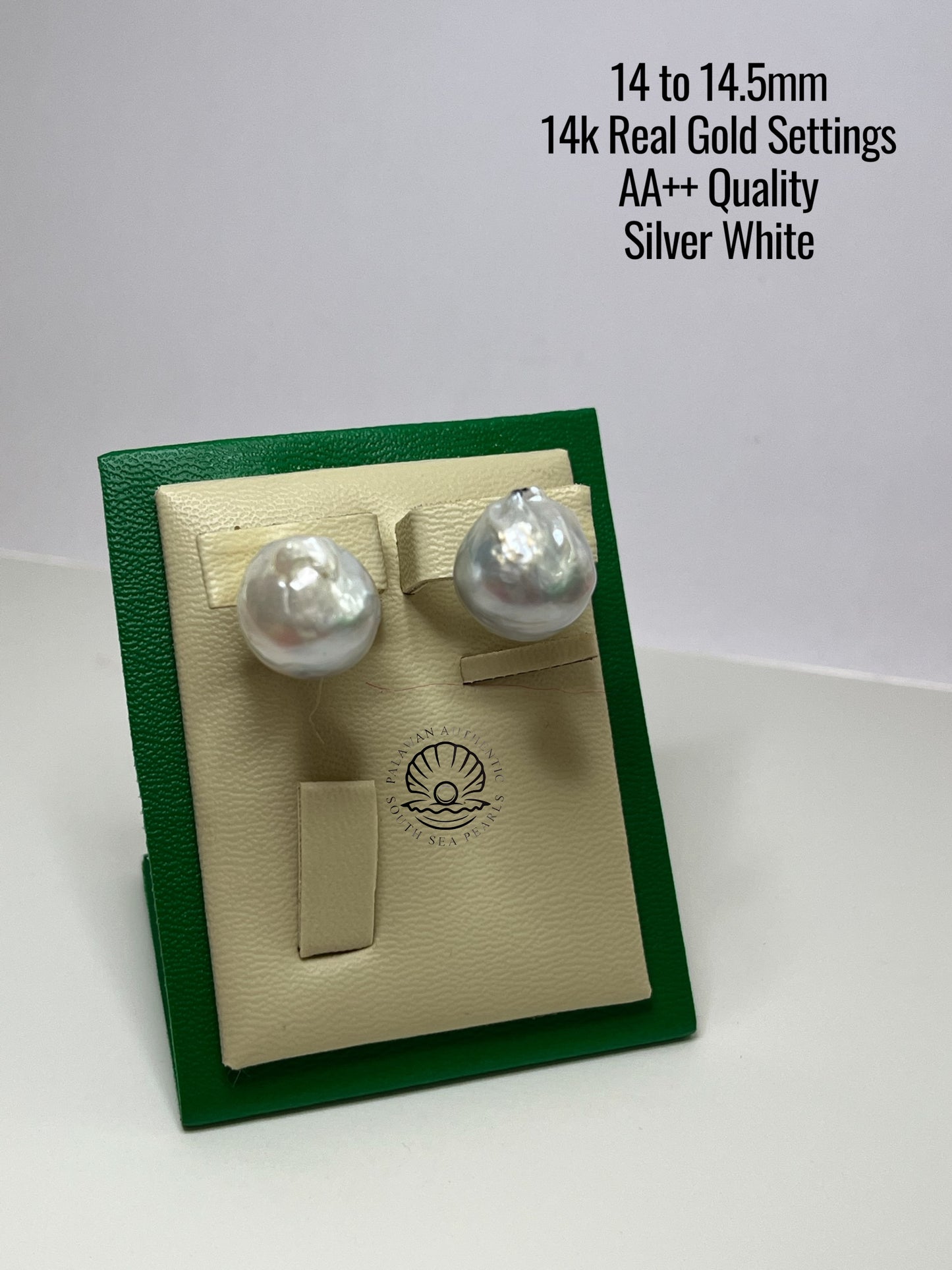 14 to 14.5mm Palawan Authentic Silver White Color South Sea Pearl Earrings in 14k Real Gold Settings