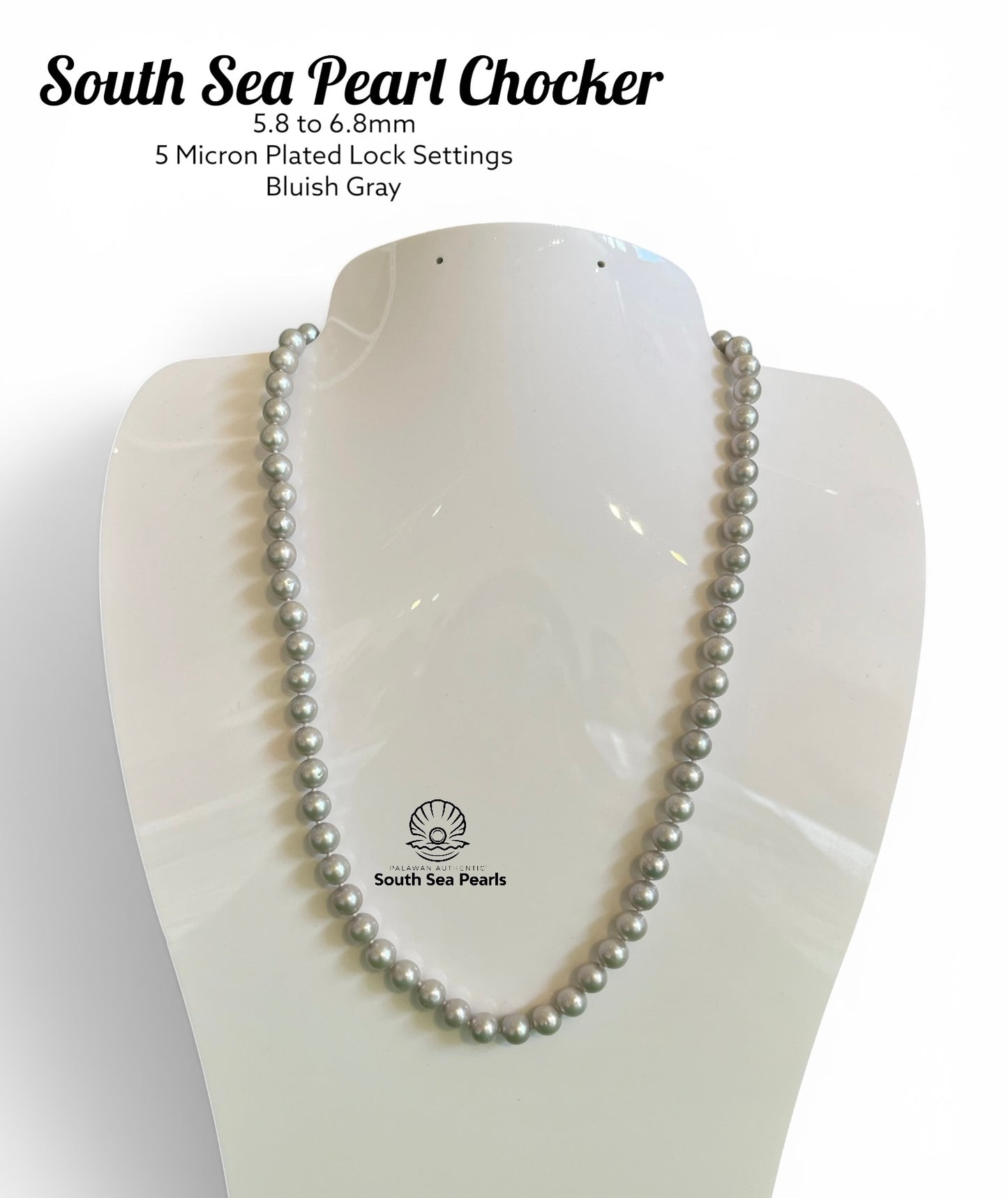 5.8 to 6.8mm Palawan Authentic Bluish Gray Color South Sea Pearl Chocker in 5 Micron Plated Lock Settings