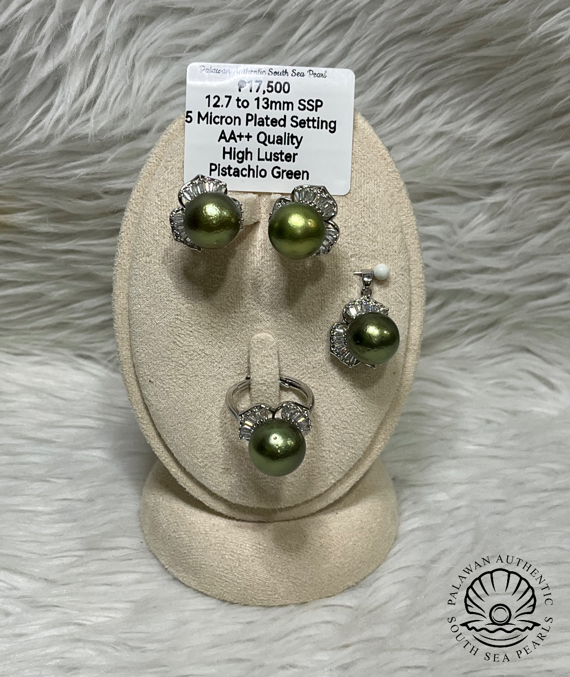 12.7 to 13mm Authentic Pistachio Green Color South Sea Pearl Set in 5 Micron Settings