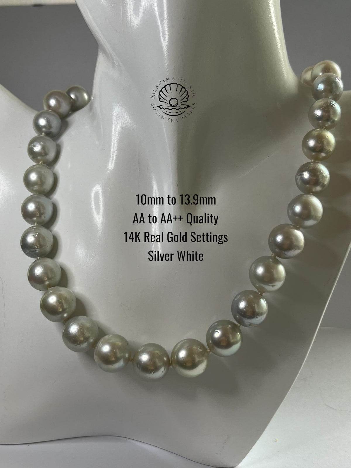 10 to 13.9mm Palawan Authentic Silver White Color South Sea Pearl Choker in 14K Real Gold Lock Settings