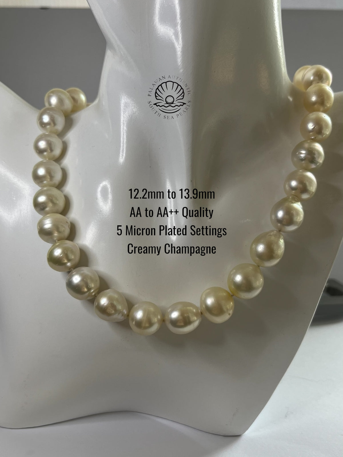 12.3 to 13.9mm Palawan Authentic Creamy Champagne Color South Sea Pearl Choker in 5 Micron Lock Settings