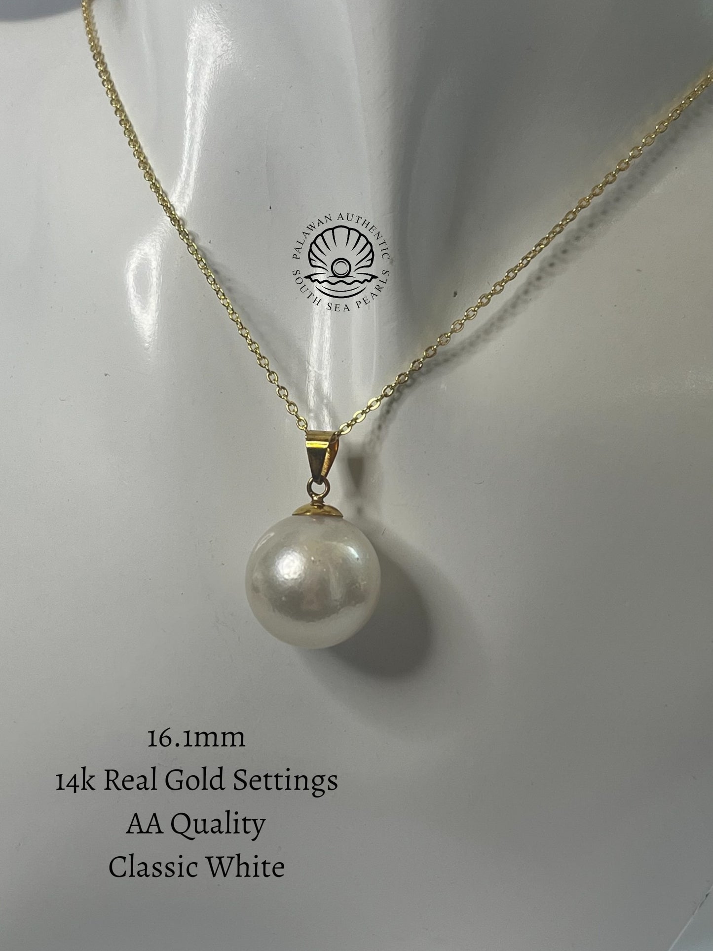16.1mm Palawan Authentic Classic White Color South Sea Pearl Pendant in 14k Real Gold Settings