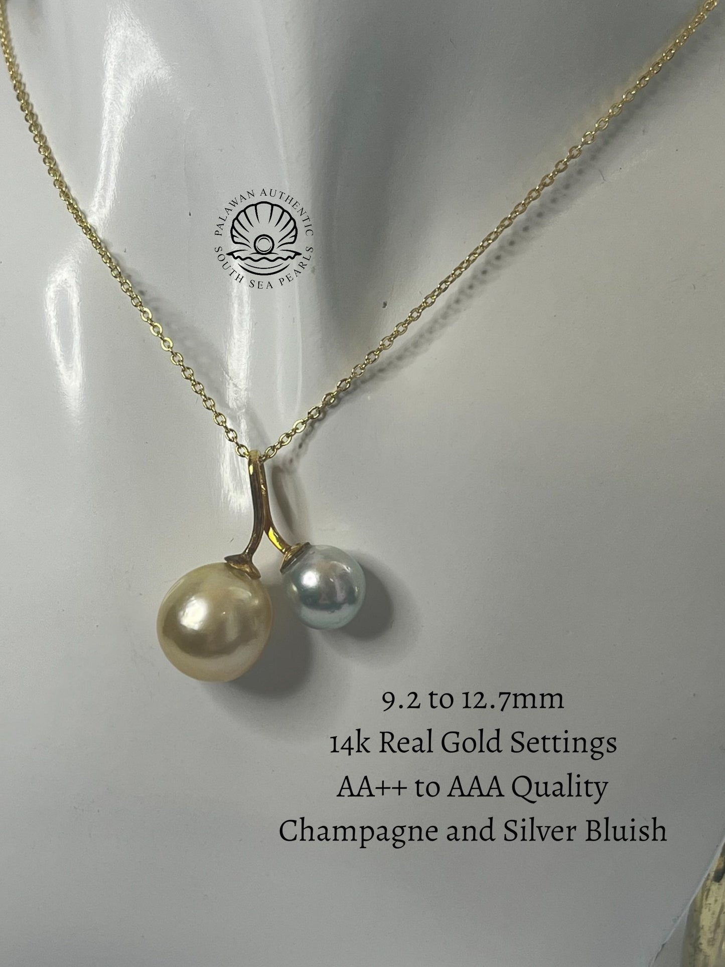9.2 to 12.7mm Palawan Authentic Champagne and Silver Bluish Color South Sea Pearl Pendant in 14k Real Gold Settings