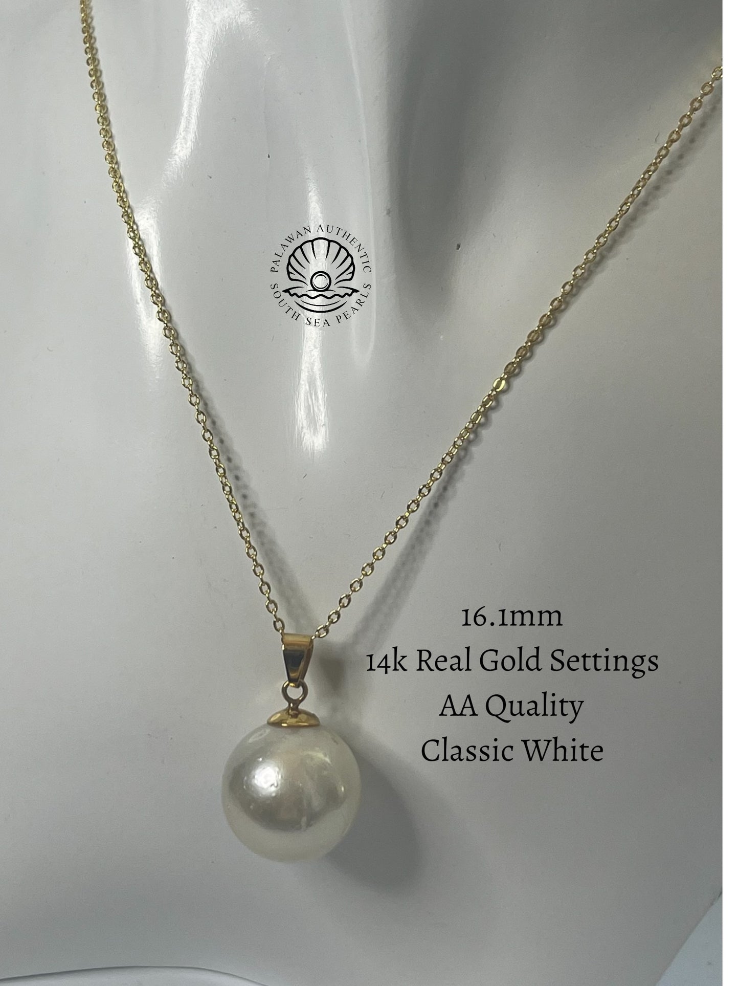 16.1mm Palawan Authentic Classic White Color South Sea Pearl Pendant in 14k Real Gold Settings