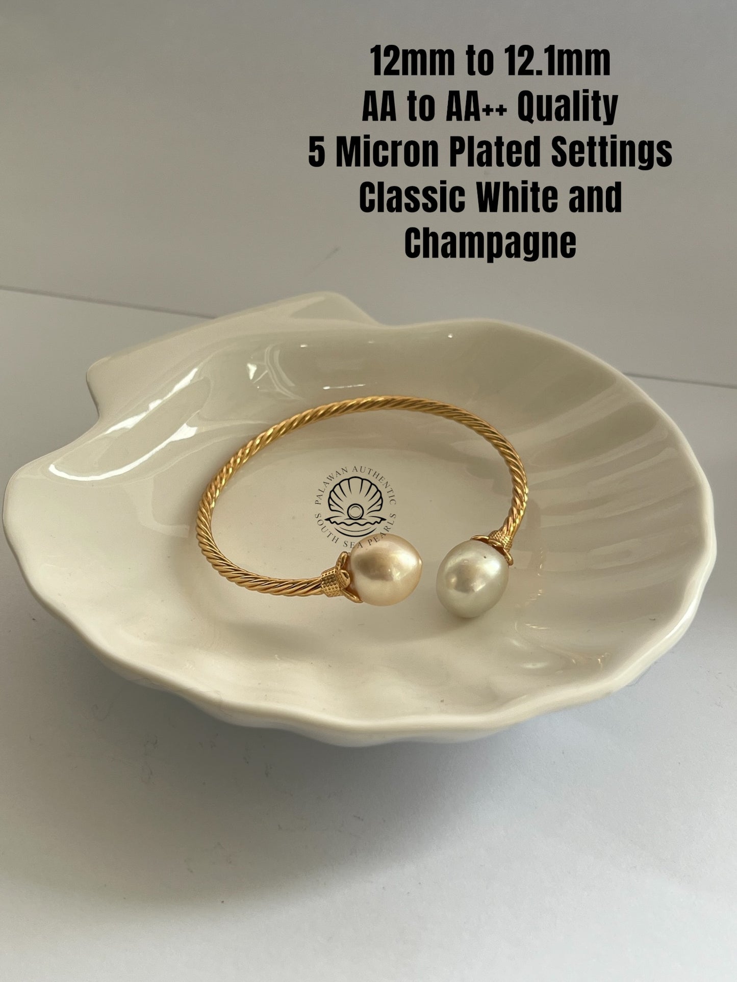 12 to 12.1mm Palawan Authentic Classic White and Champagne Color South Sea Pearl Bangle in 5 Micron Plated Settings