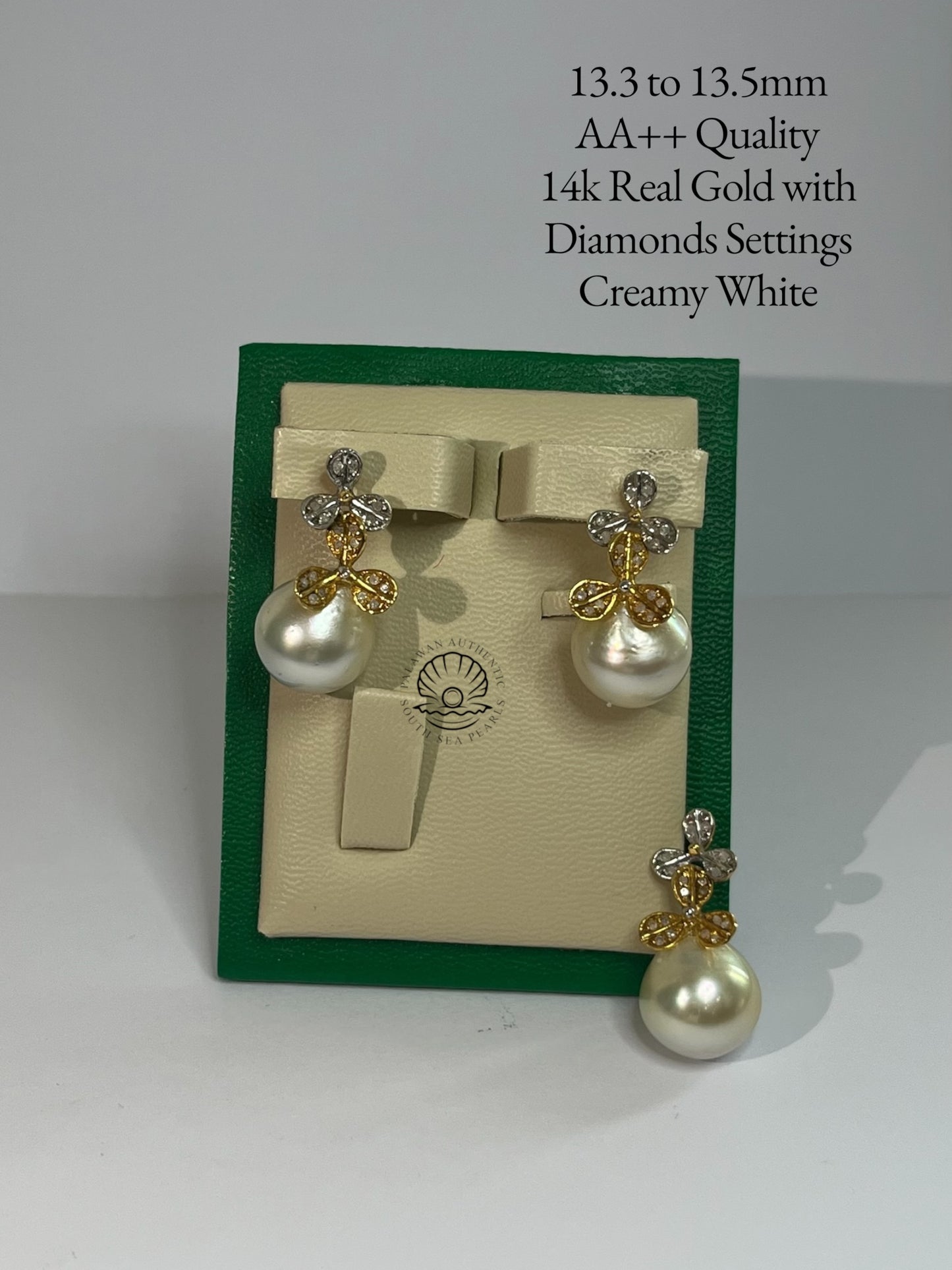 13.3 to 13.5mm Palawan Authentic Creamy White Color South Sea Pearl in 14k Real Gold and Diamonds