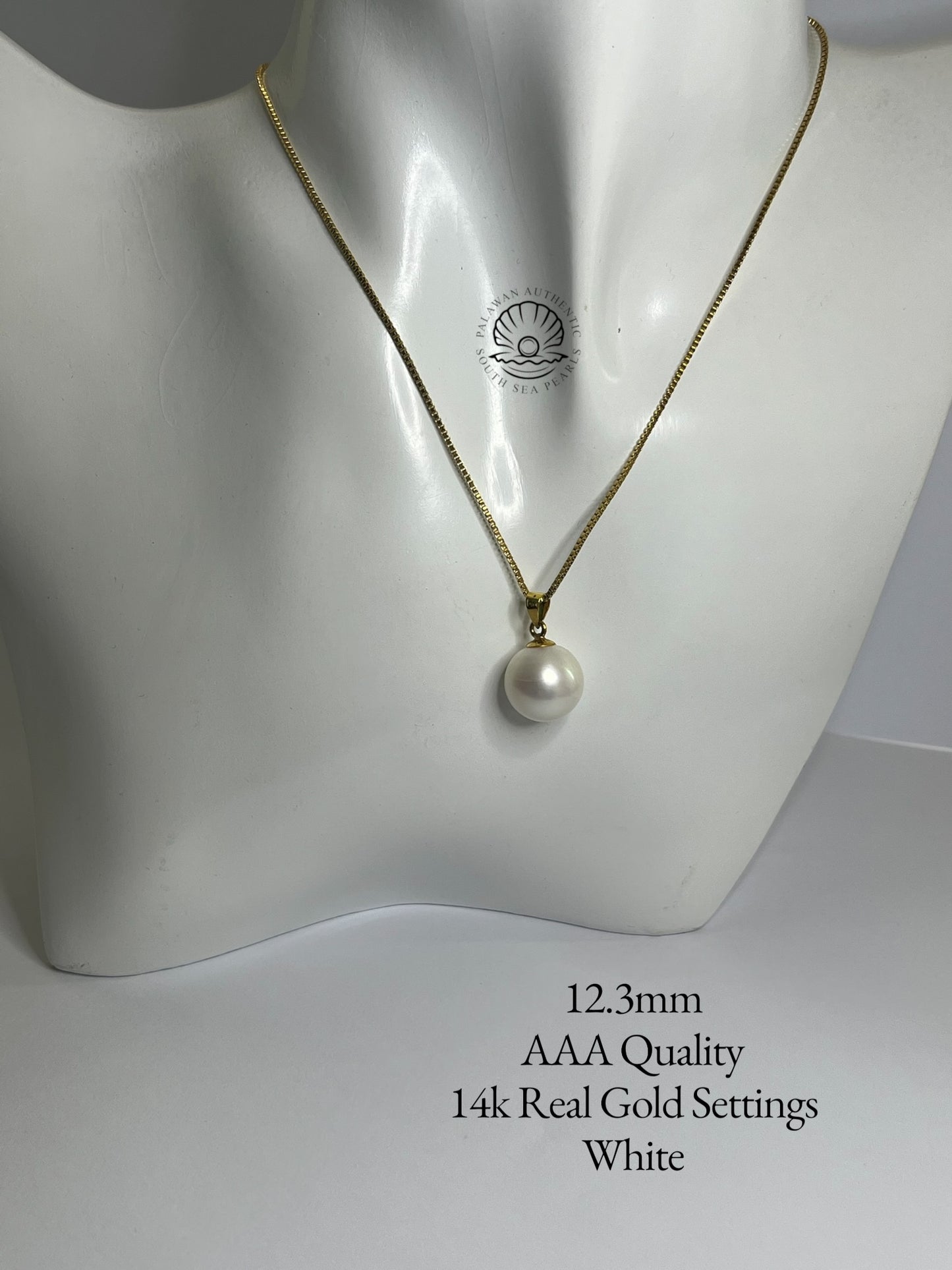 12.3mm Palawan Authentic White Color South Sea Pearl Pendant in 14k Real Gold Settings