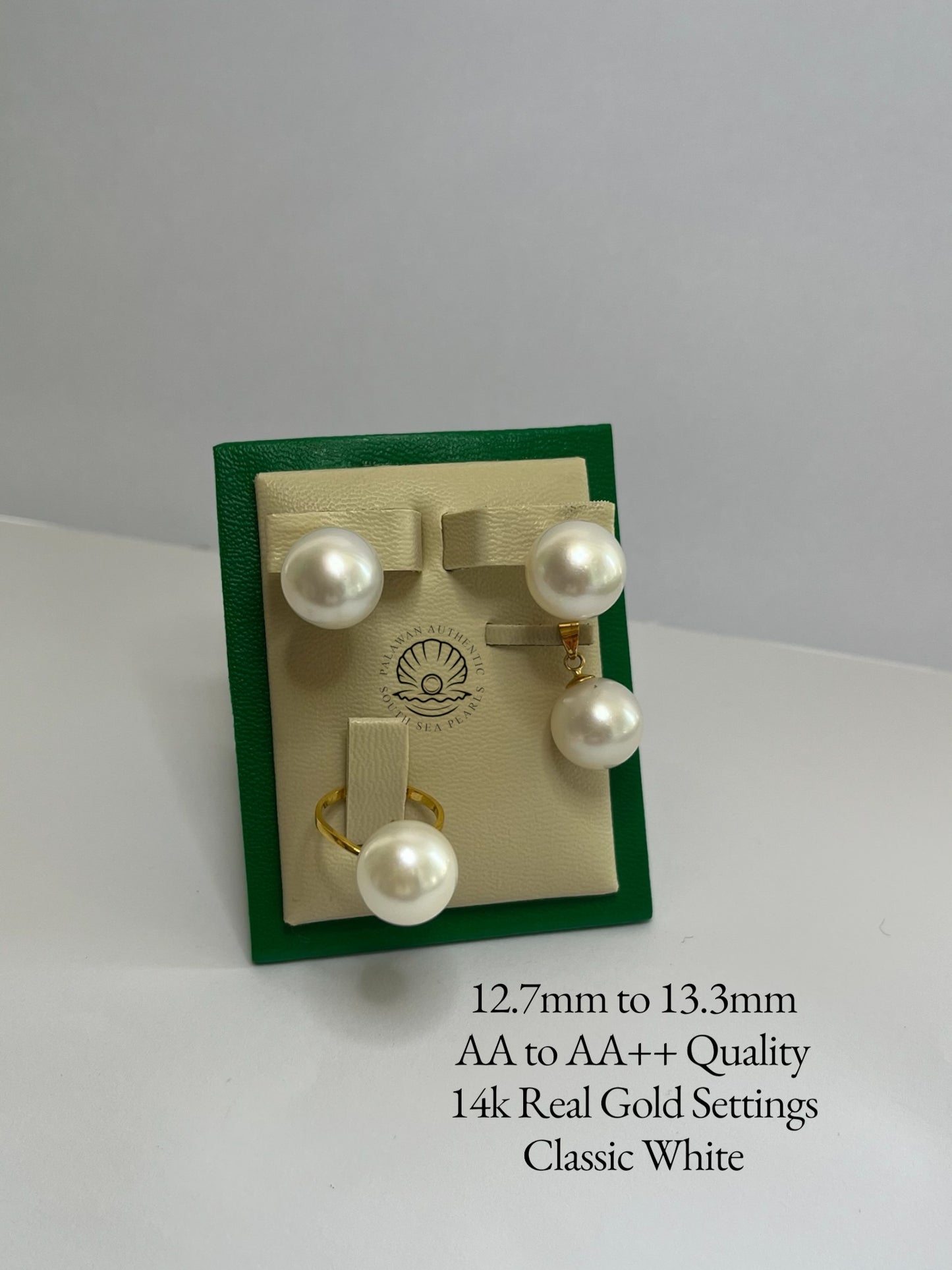 12.7 to 13.3mm Palawan Authentic Classic White Color South Sea Pearl Sets in 14k Real Gold Settings