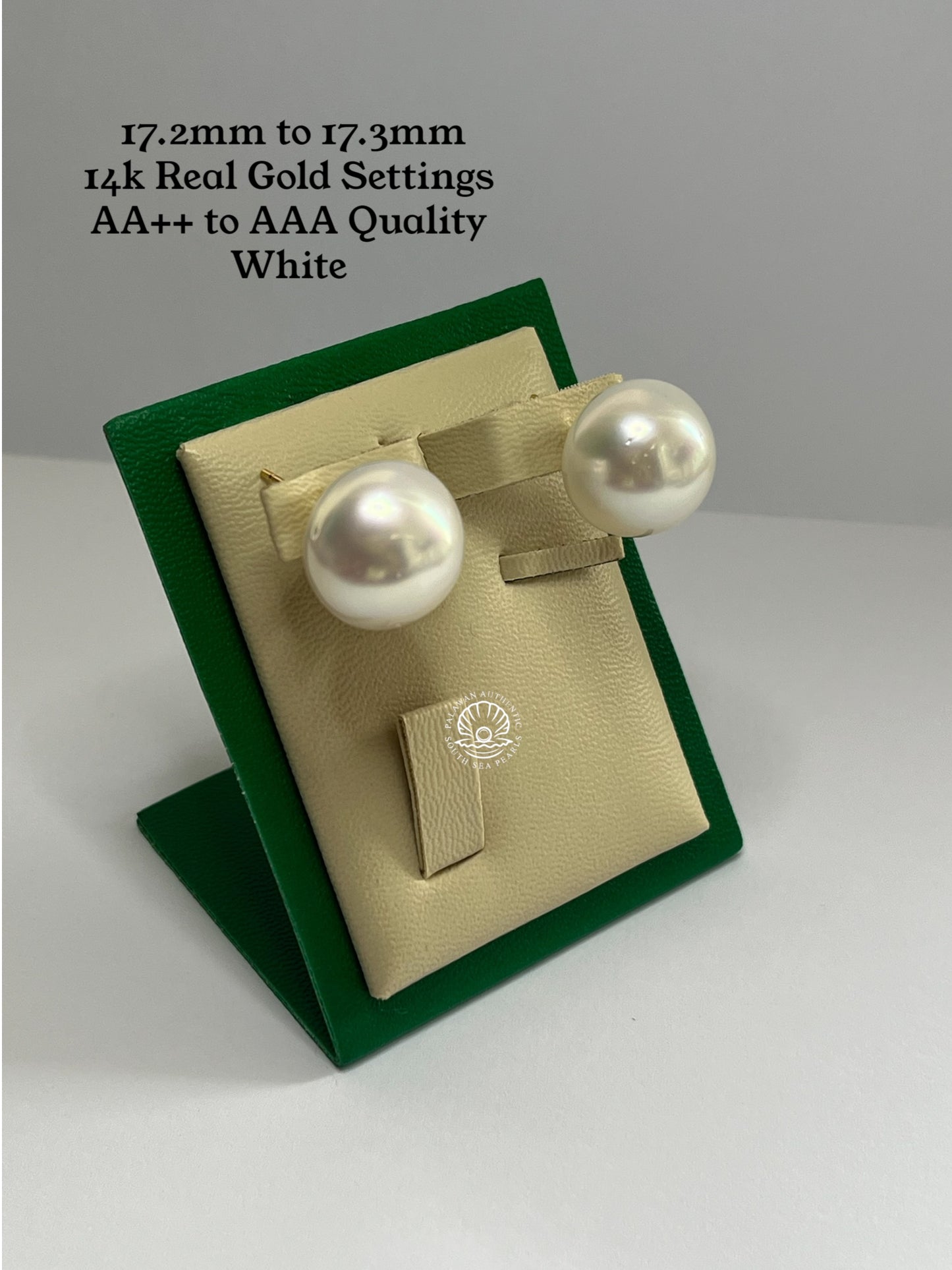 17.2 to 17.3mm Palawan Authentic White Color South Sea Pearl Earrings in 14k Real Gold Settings