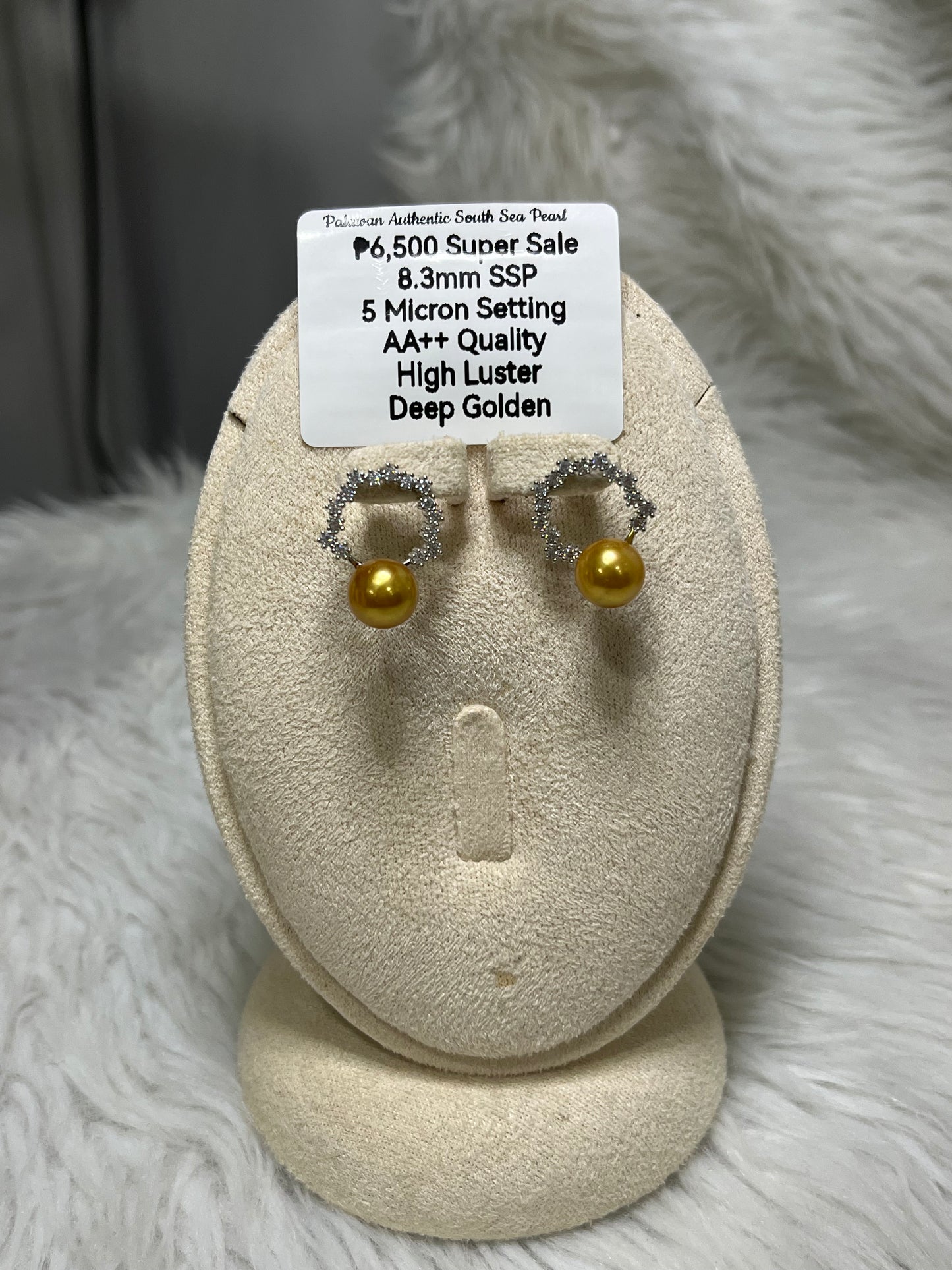 New Arrival! 8.3mm Authentic Deep Golden South Sea Pearl Earrings in 5 Micron Plated Settings