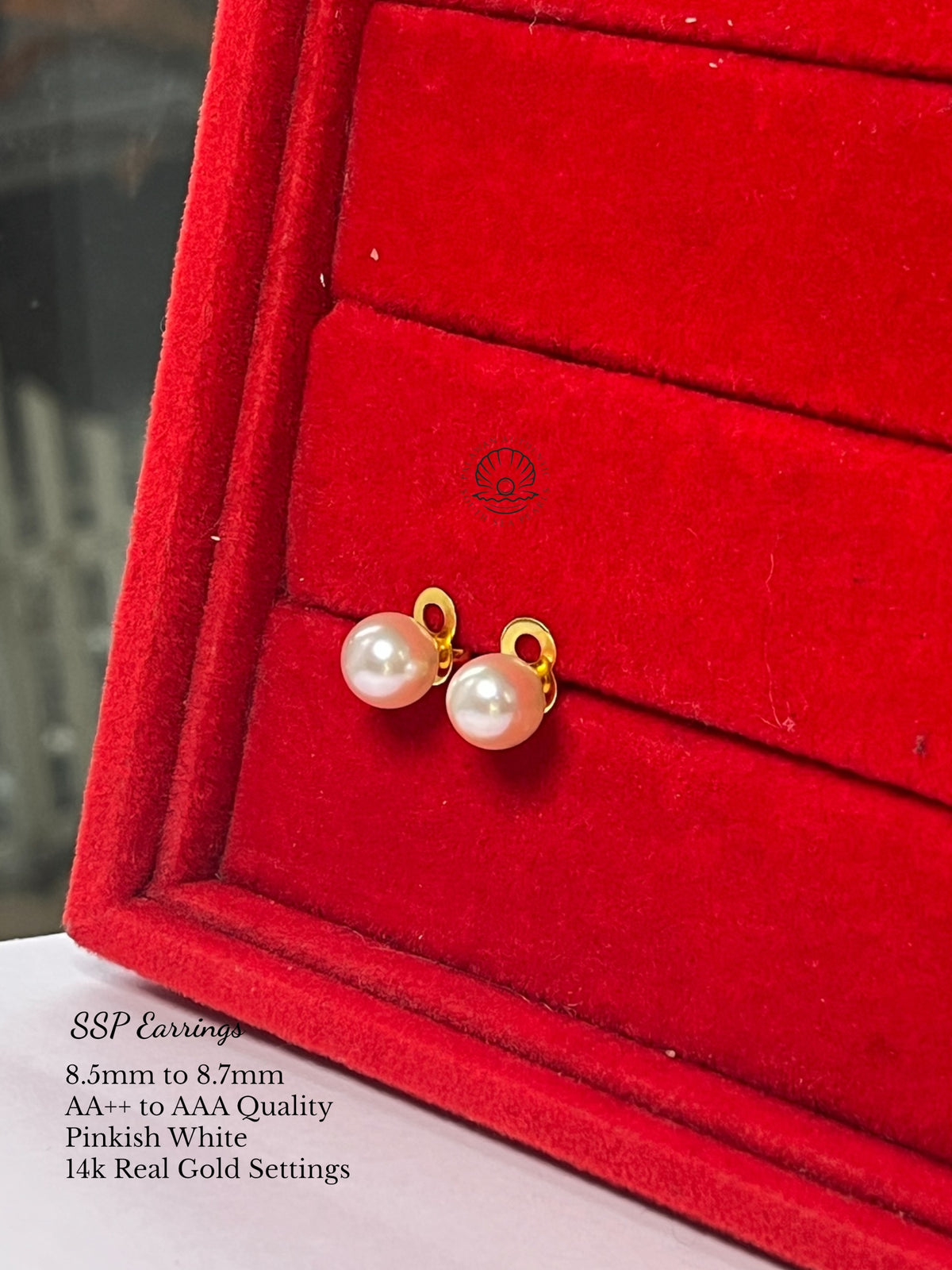 8.5mm to 8.7mm Palawan Authentic Pinkish White Color South Sea Pearl Earrings in 14k Real Gold Settings