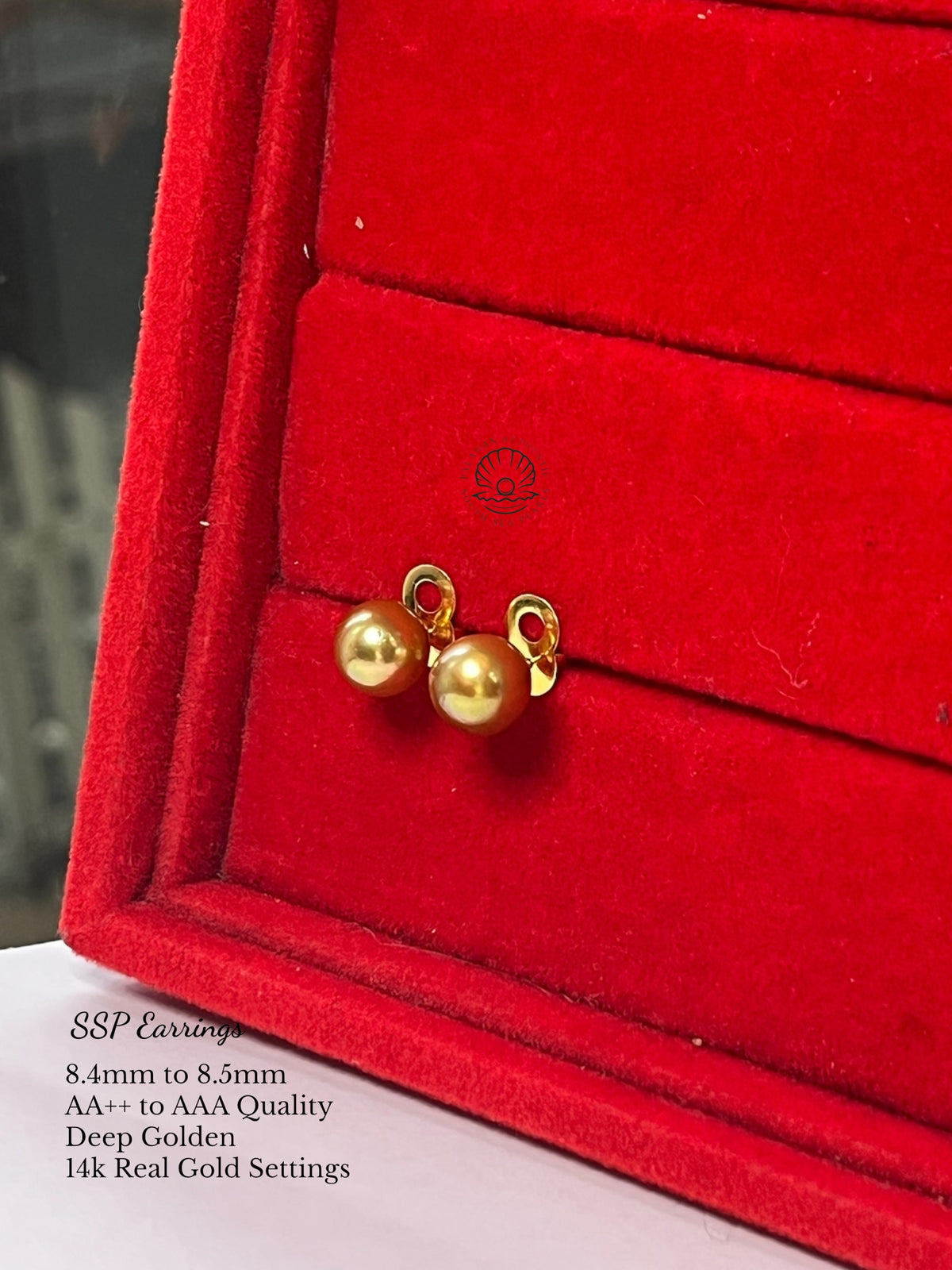 8.4mm to 8.5mm Palawan Authentic Deep Golden Color South Sea Pearl Earrings in 14k Real Gold Settings