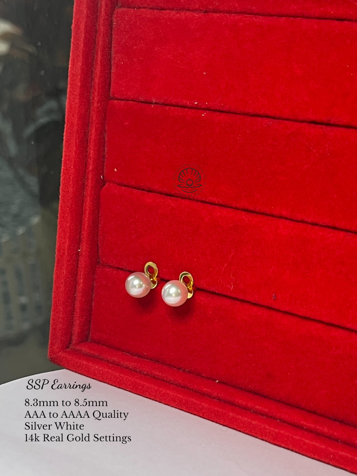 8.3mm to 8.5mm Palawan Authentic Silver White Color South Sea Pearl Earrings in 14k Real Gold Settings