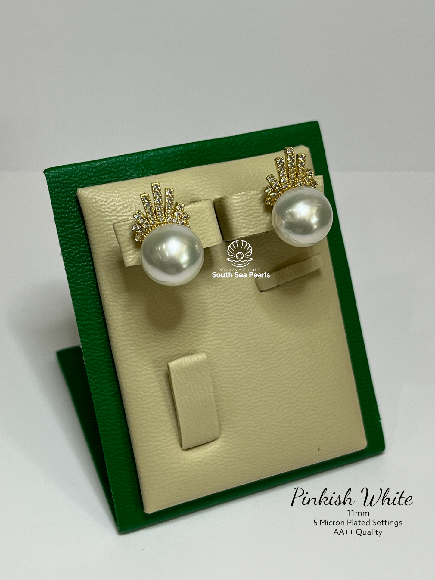 11mm Palawan Authentic Pinkish White Color South Sea Pearl Earrings in 5 Micron Plated Settings