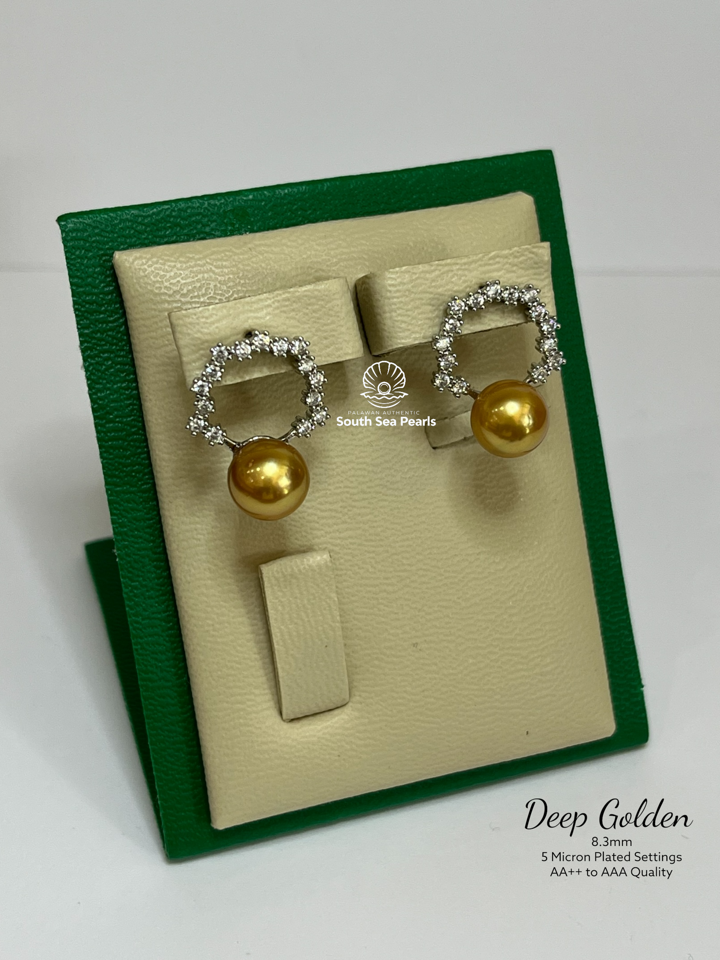 8.3mm Palawan Authentic Deep Golden Color South Sea Pearl Earrings in 5 Micron Plated Settings