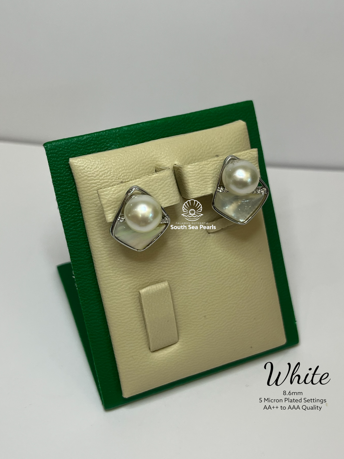 8.6mm Palawan Authentic White Color South Sea Pearl Earrings in 5 Micron Plated Settings