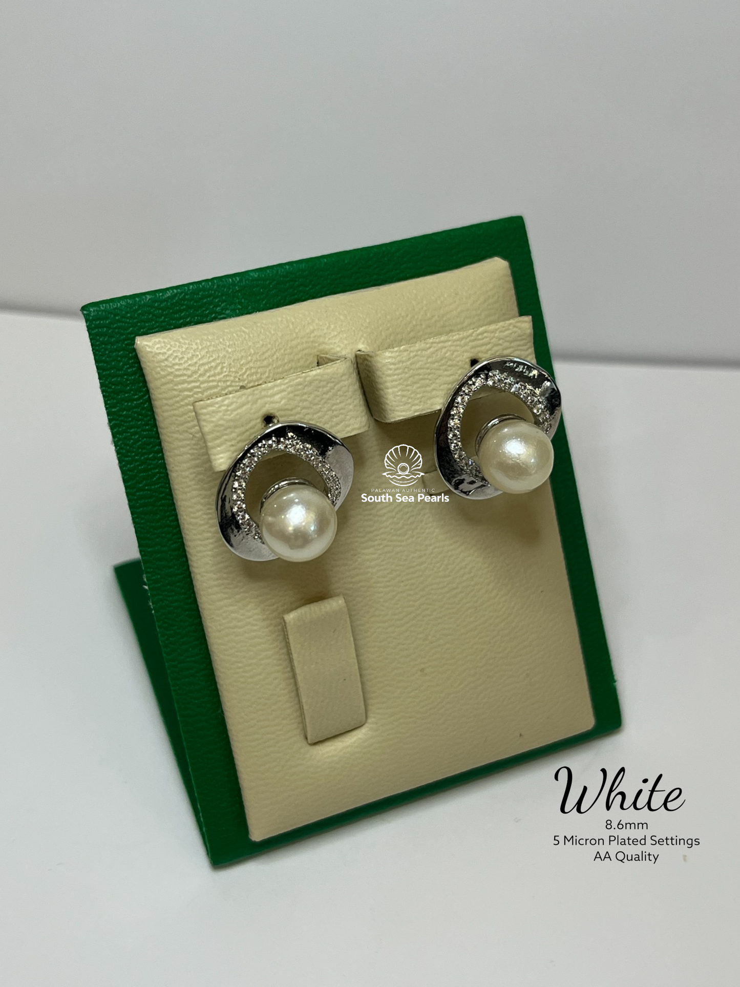 8.6mm Palawan Authentic White Color South Sea Pearl Earrings in 5 Micron Plated Settings
