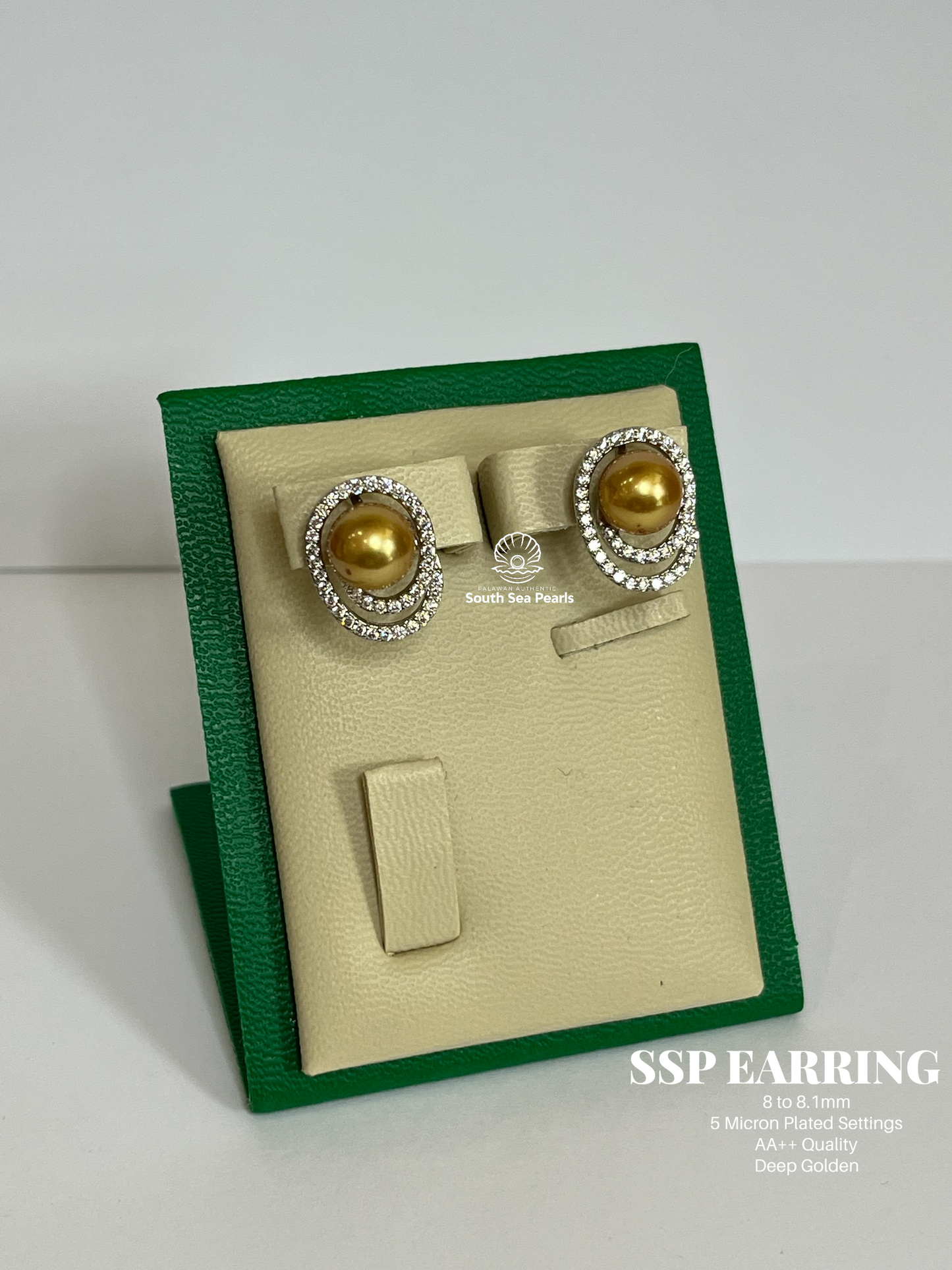 8 to 8.1mm Palawan Authentic Deep Golden Color South Sea Pearl Earrings in 5 Micron Plated Settings