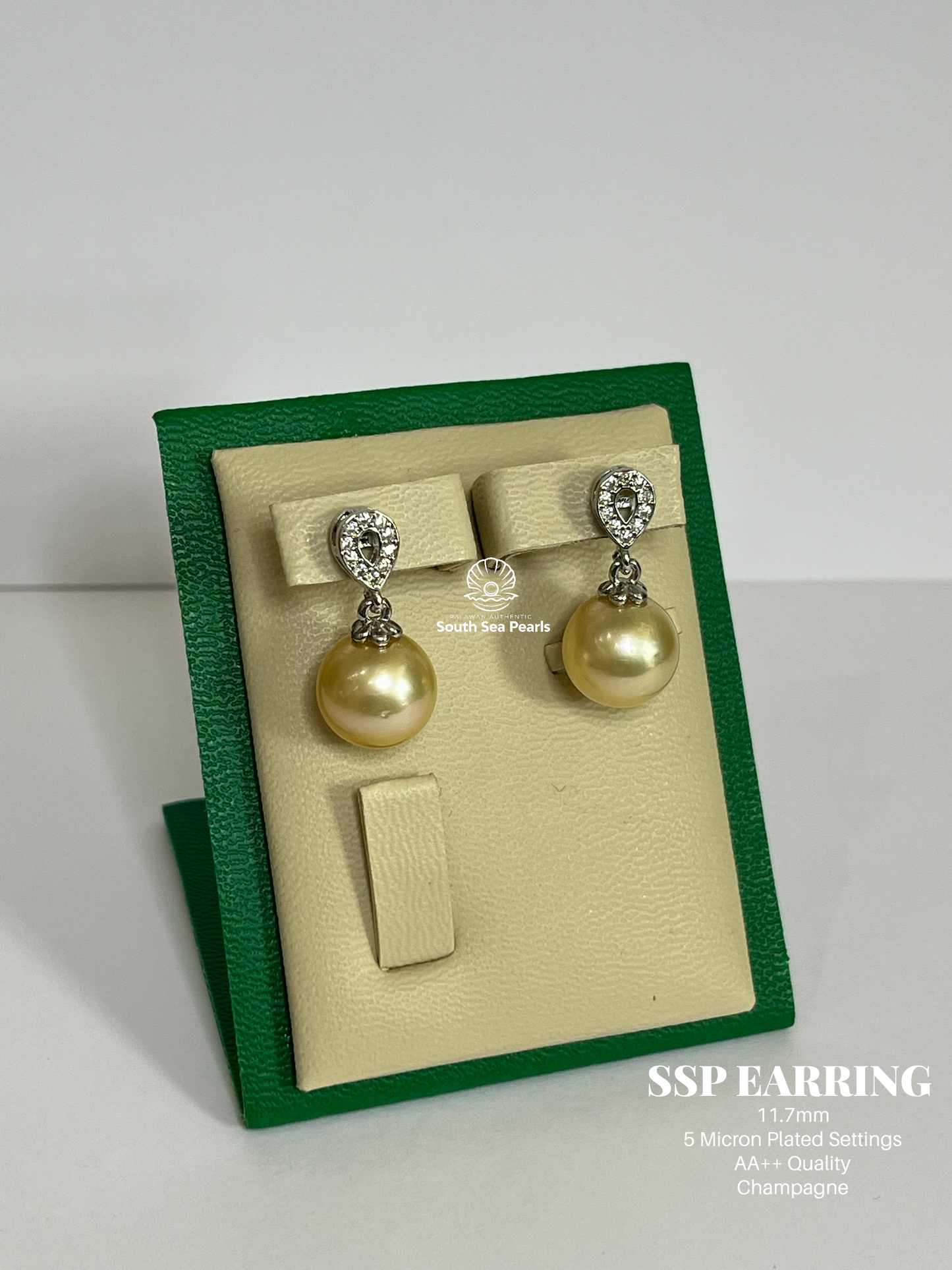 11.7mm Palawan Authentic Champagne Color South Sea Pearl Earrings in 5 Micron Plated Settings