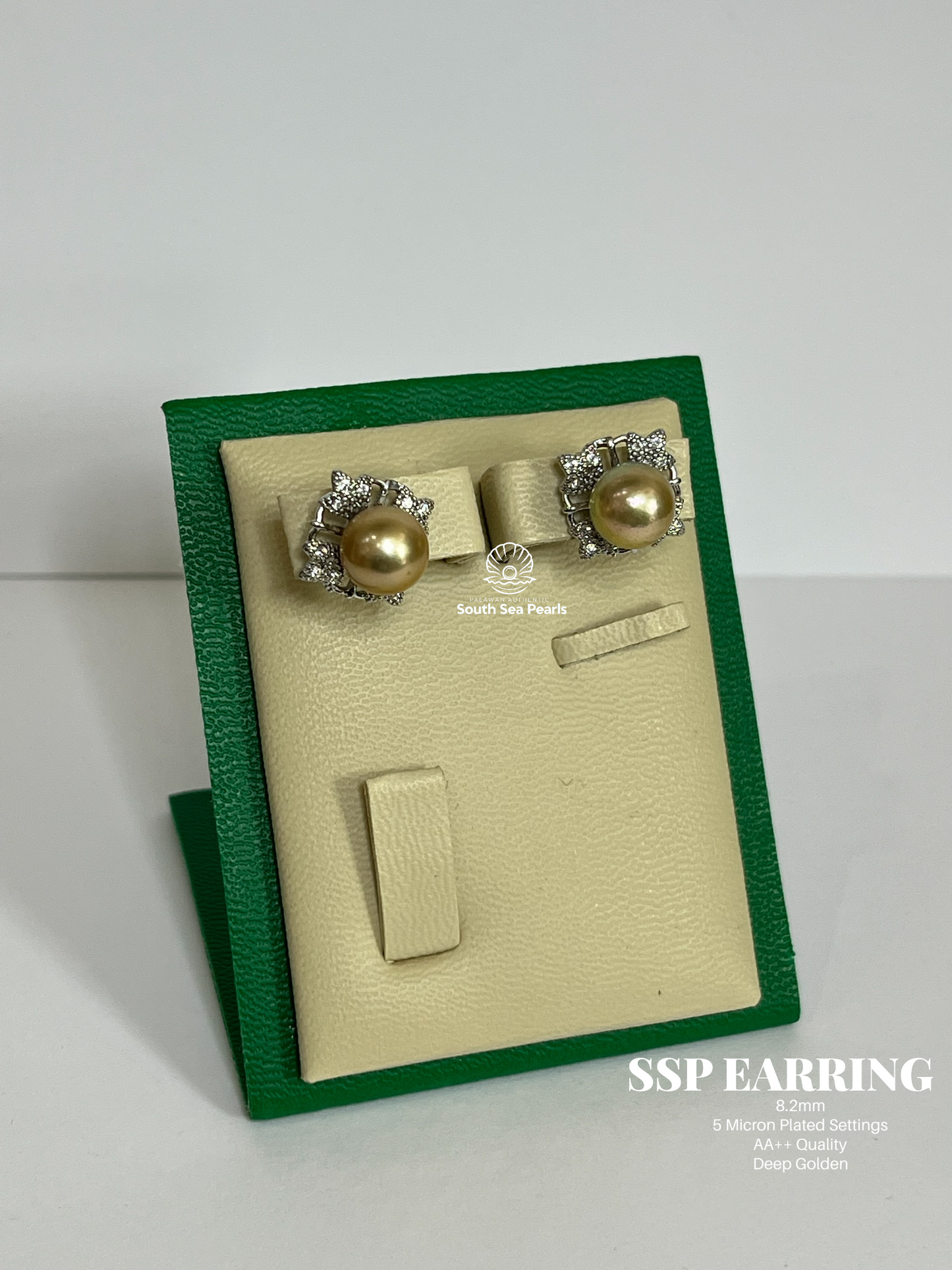 8.2mm Palawan Authentic Deep Golden Color South Sea Pearl Earrings in 5 Micron Plated Settings