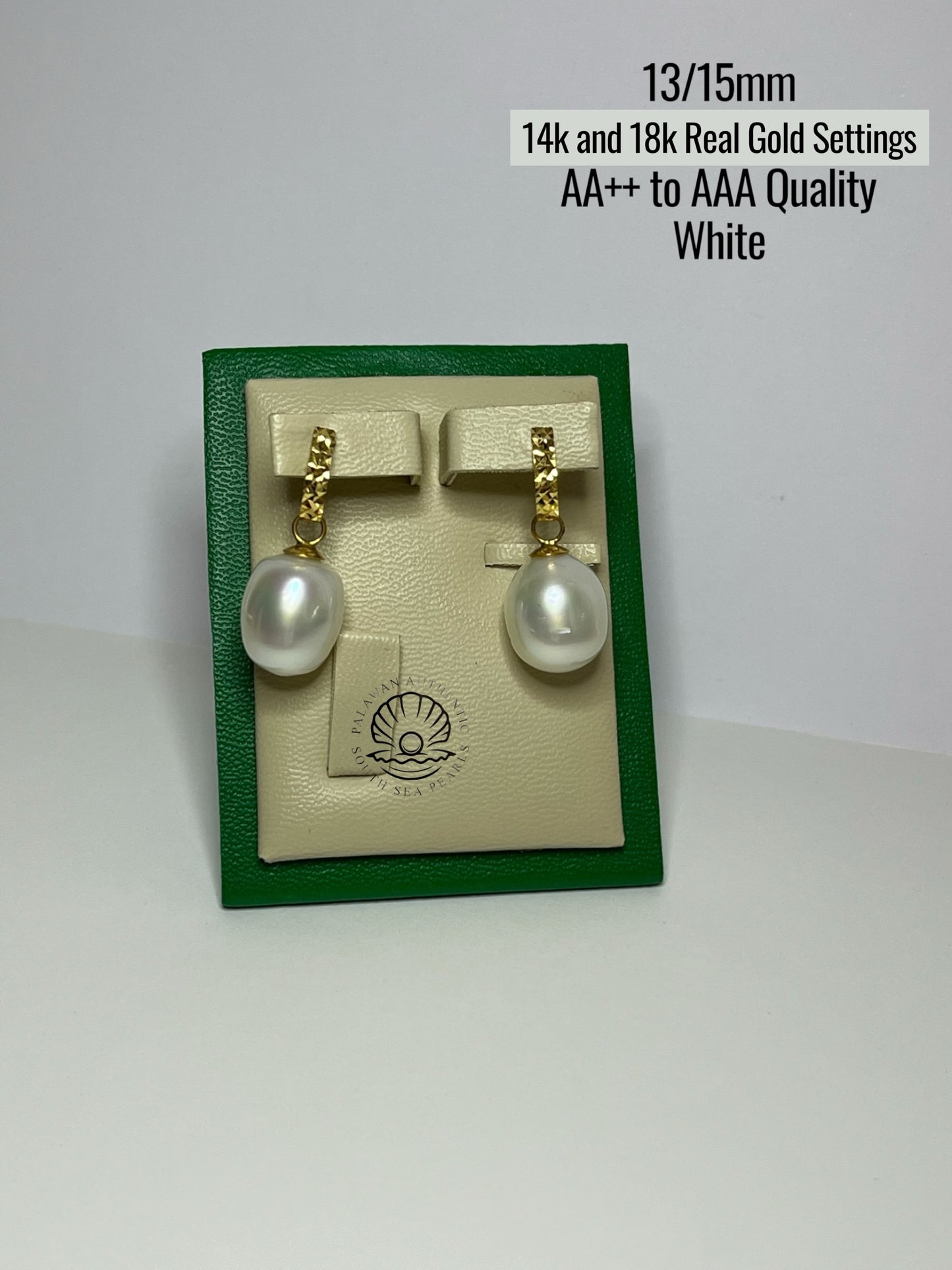 13/15mm Palawan Authentic White Color South Sea Pearl Earrings in 14k and 18k Real Gold Settings