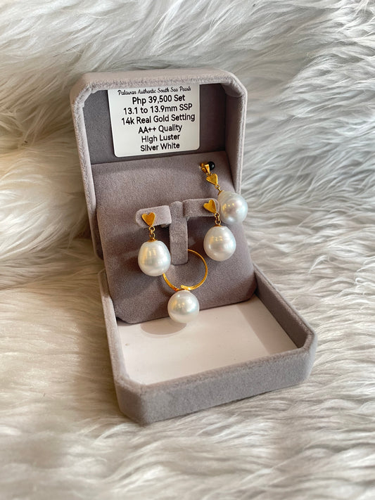 13.1mm to 13.9mm Authentic Silver White South Sea Pearl Sets in 14k Real Gold Settings