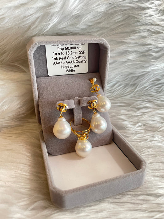 14.4mm to 15.2mm Authentic White South Sea Pearl Special Design in 14k Real Gold Settings