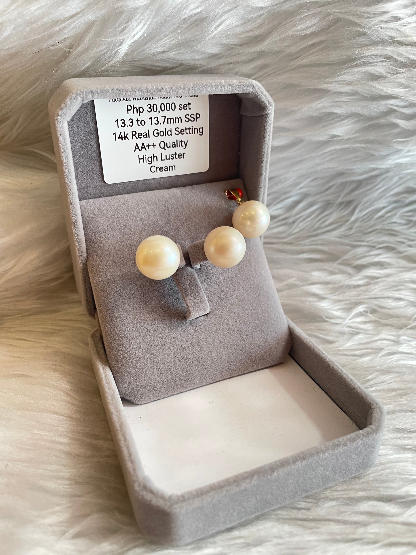 13.3mm to 13.7mm Authentic Cream South Sea Pearl Sets in 14k Real Gold Settings