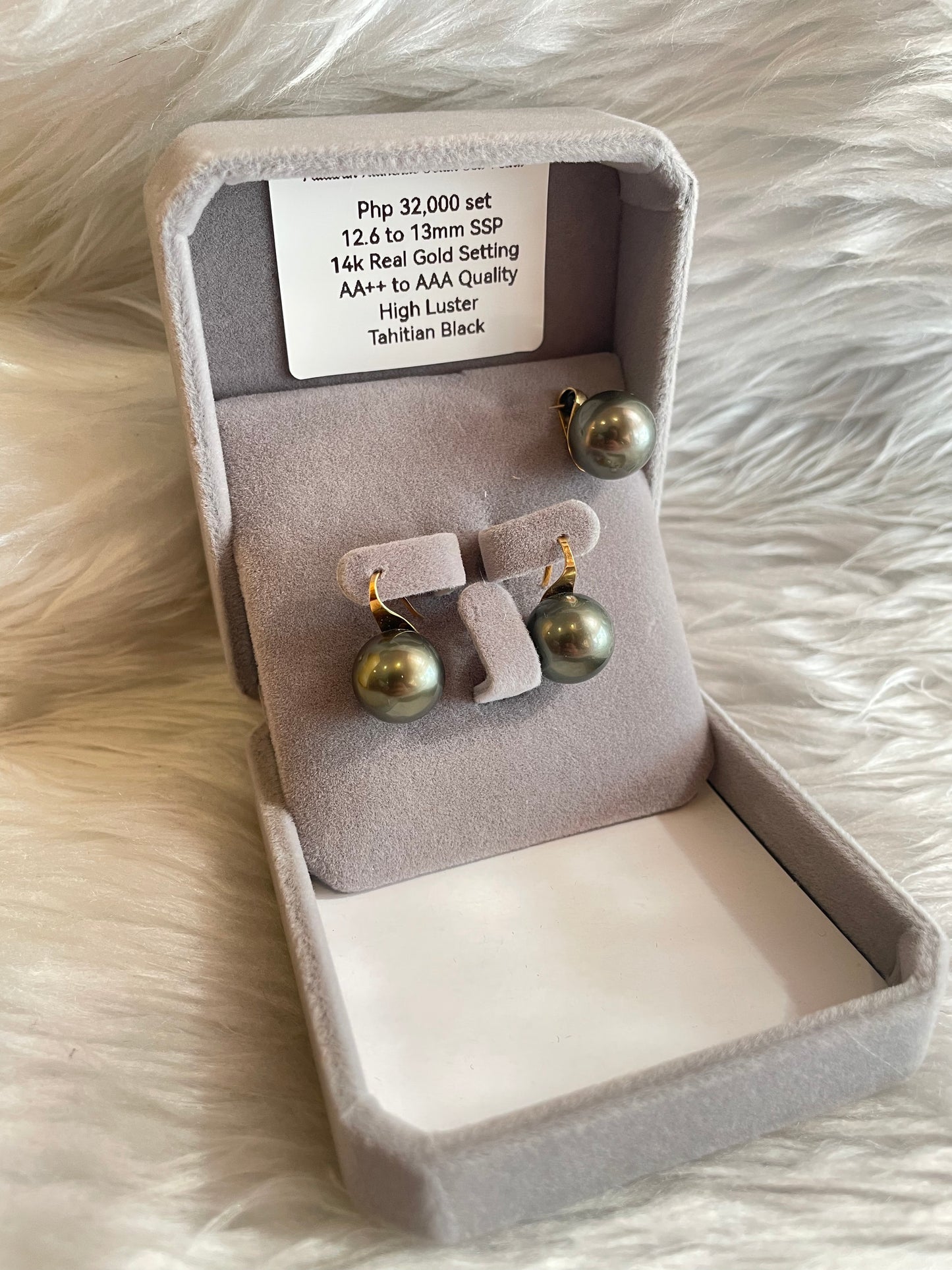 12.6mm to 13mm Authentic Tahitian Black South Sea Pearls Set in 14K Gold Settings