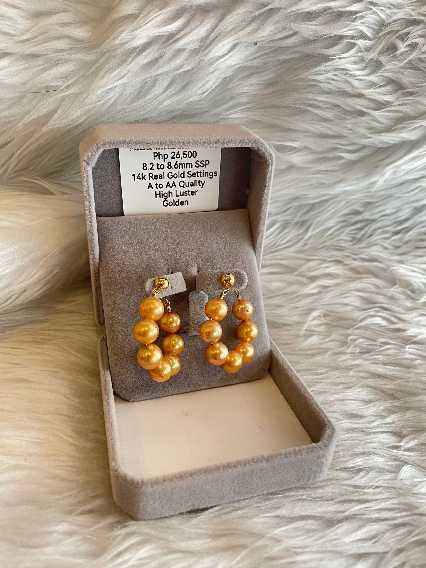 8.2mm to 8.6mm Authentic Golden Color South Sea Pearl Earrings in 14k Real Gold Settings