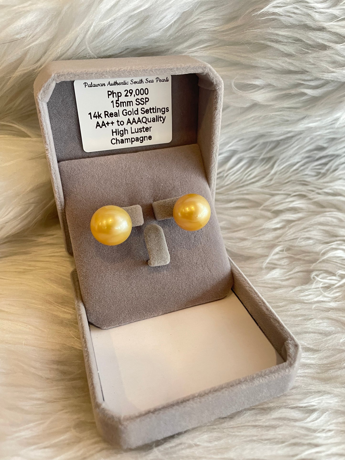 15mm Authentic Champagne Color South Sea Pearl Earrings in 14k Real Gold Settings