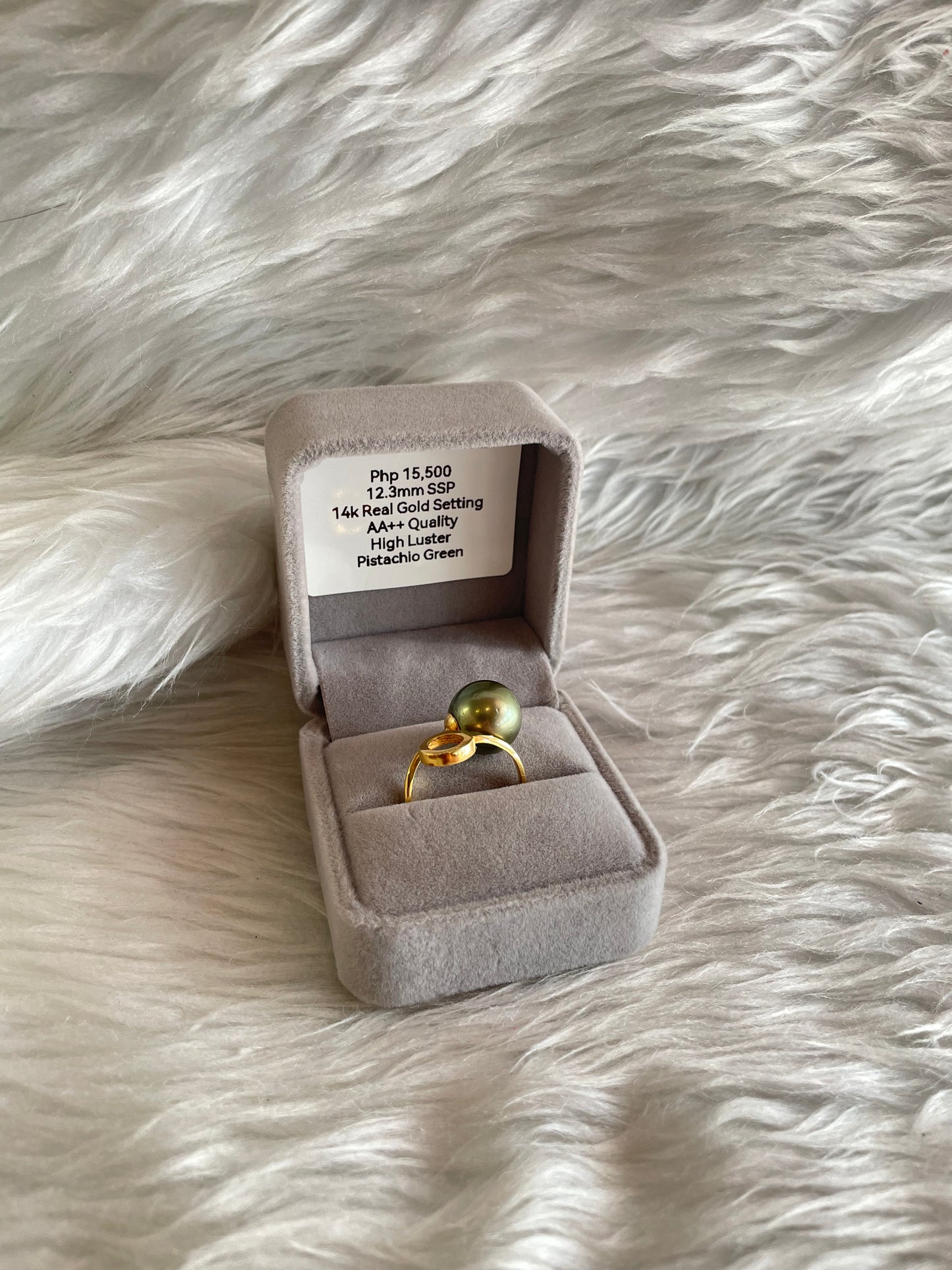 12.3mm Authentic Pistachio Green South Sea Pearls Ring in 14K Gold Settings