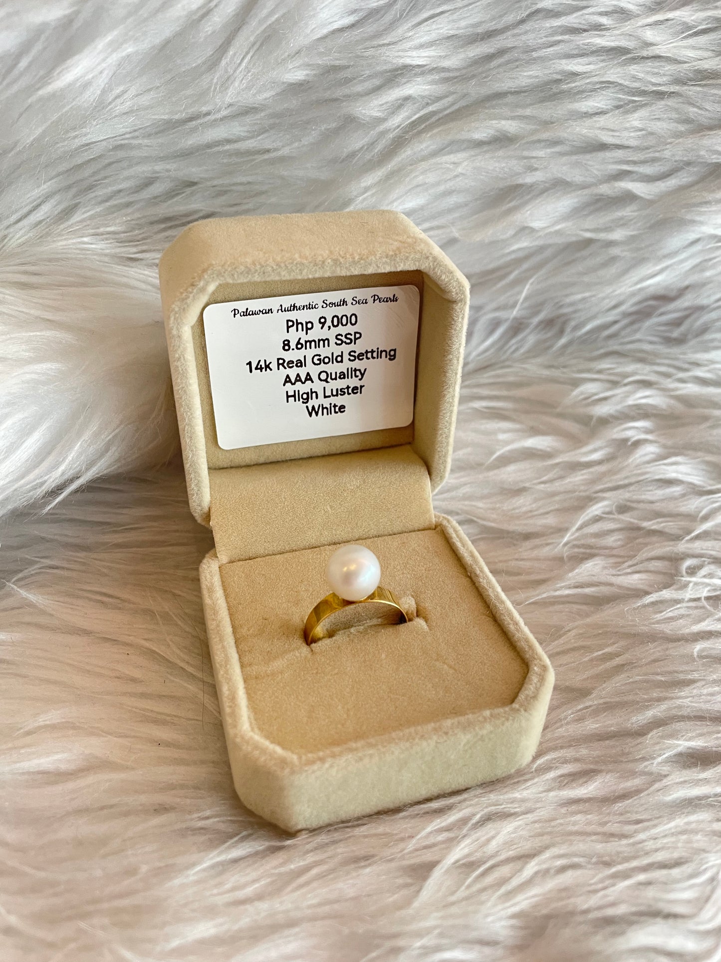 8.6mm Authentic White South Sea Pearls Ring in 14K Gold Settings