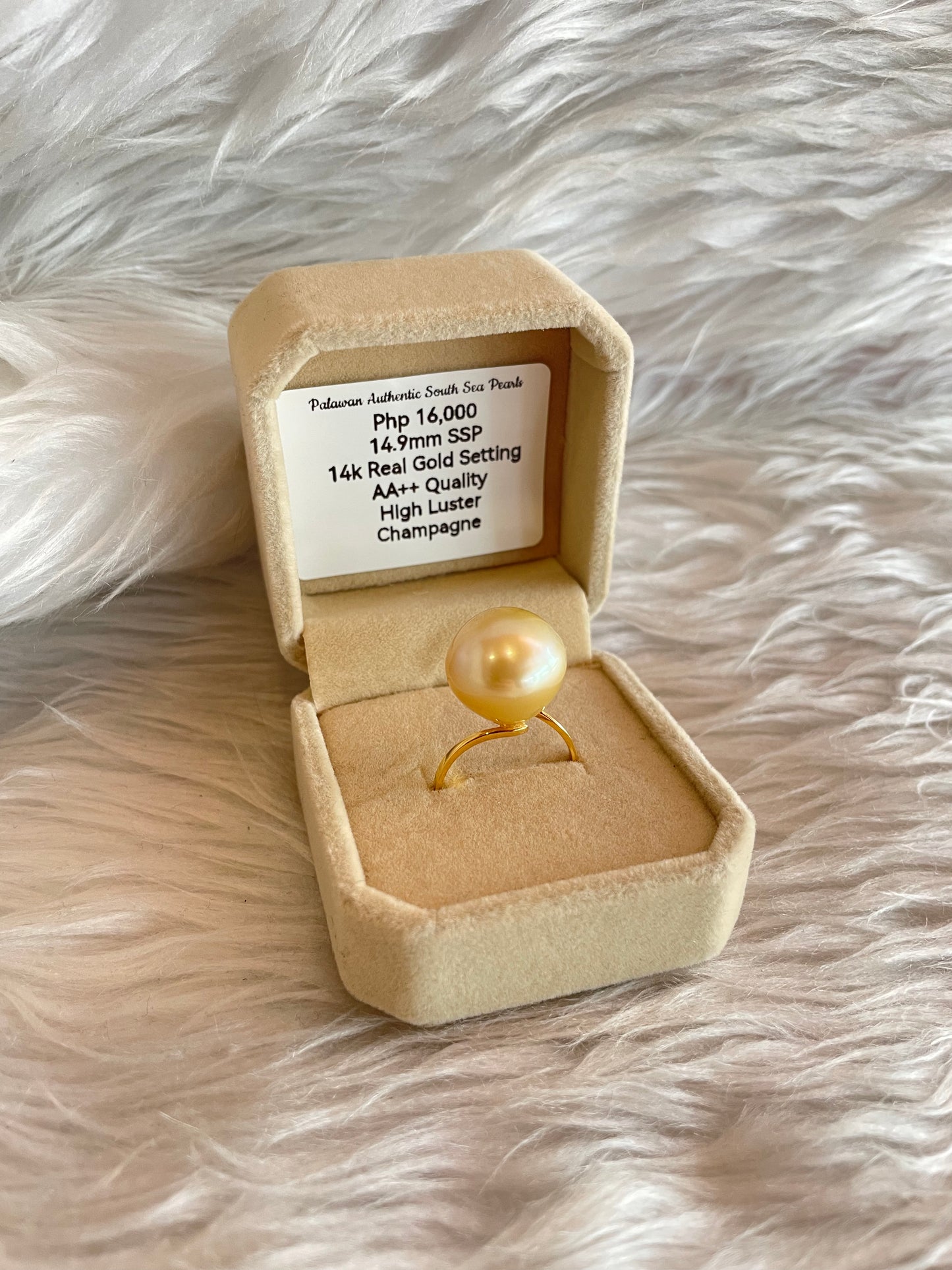 14.9mm Authentic Champagne South Sea Pearls Ring in 14K Gold Settings