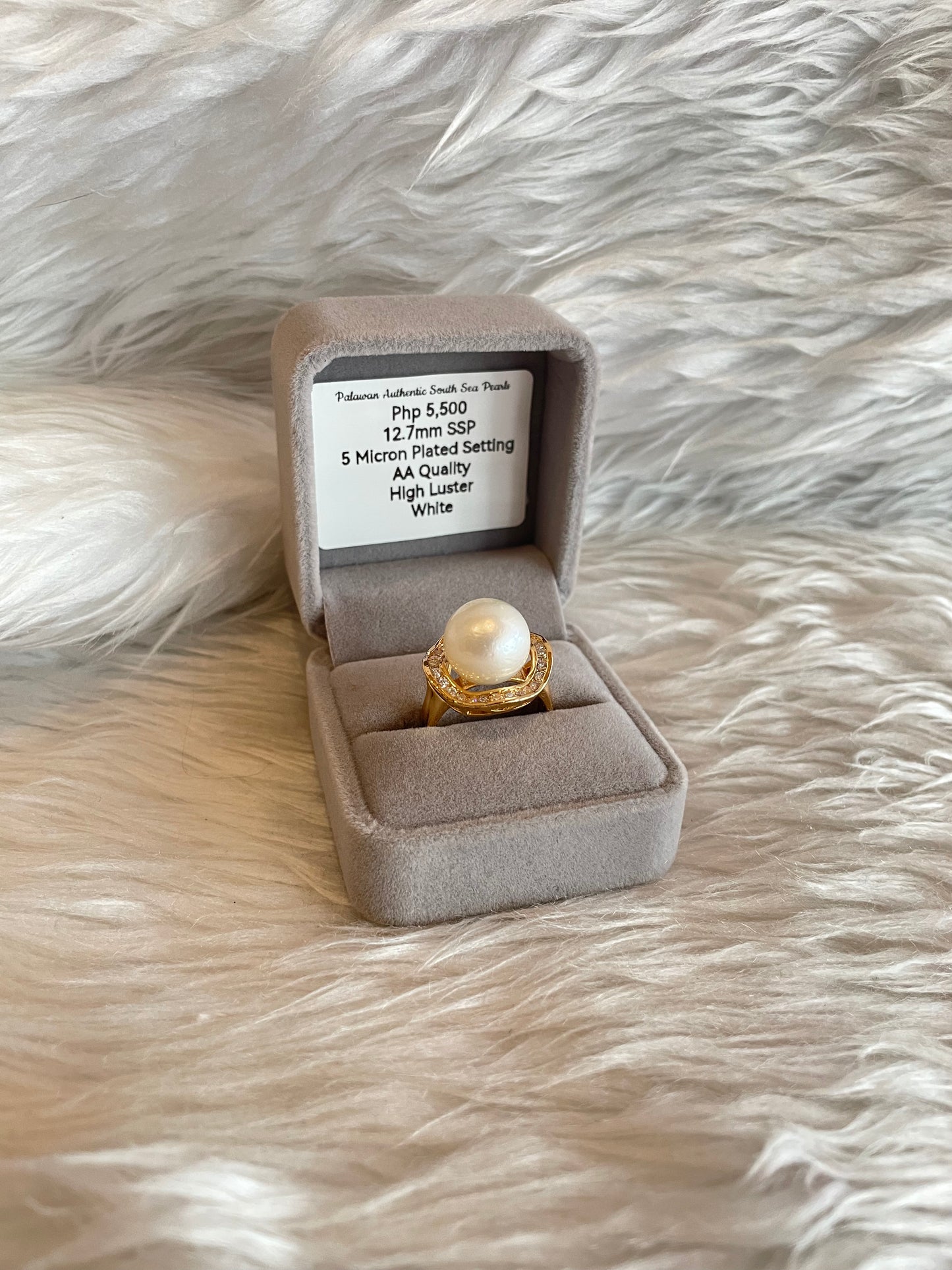 12.7mm Authentic White South Sea Pearl Ring in 5 Micron Plated Settings