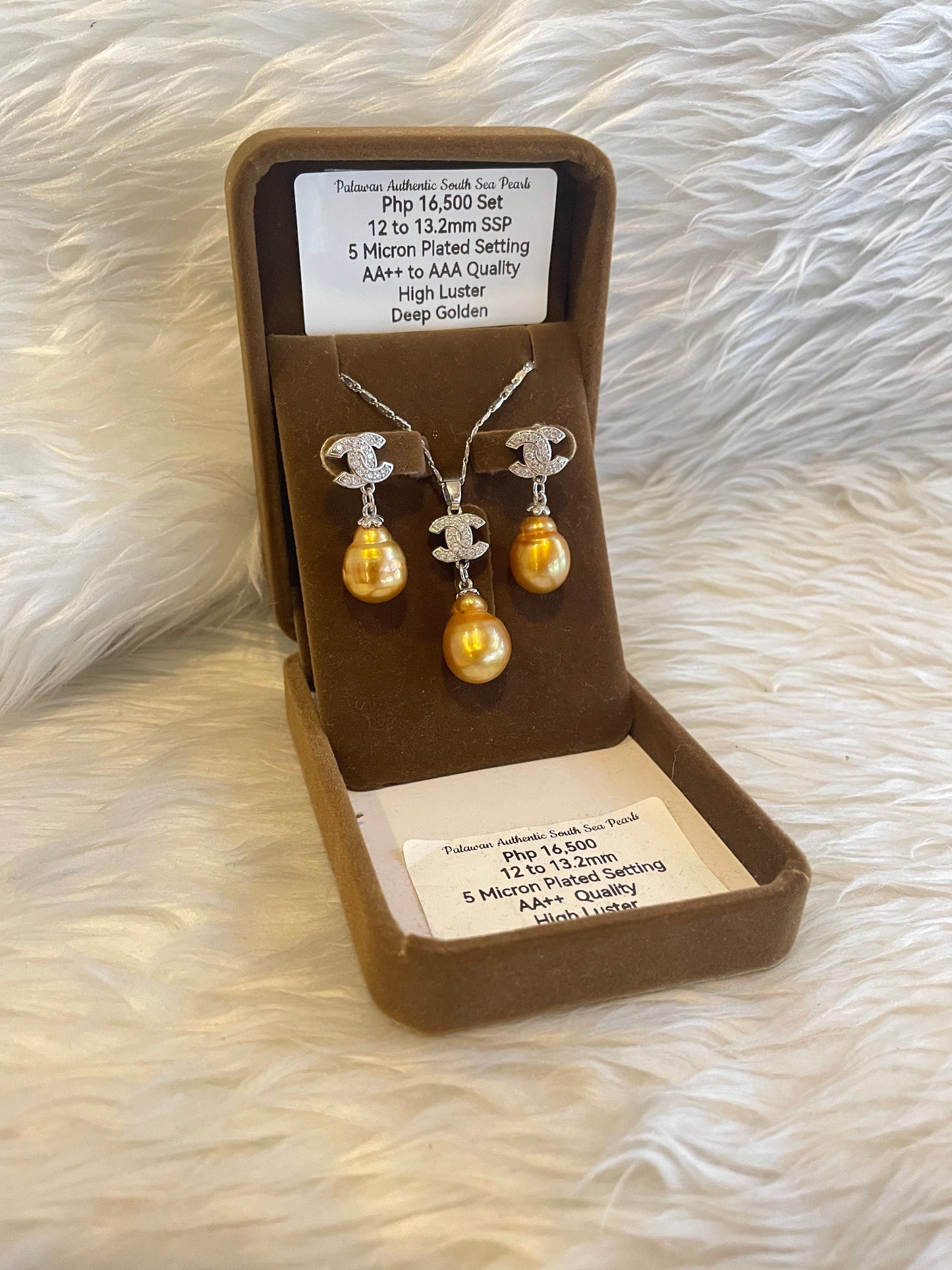 12mm to 13.2mm Authentic Deep Golden South Sea Pearl Sets in 5 Micron Plated Settings