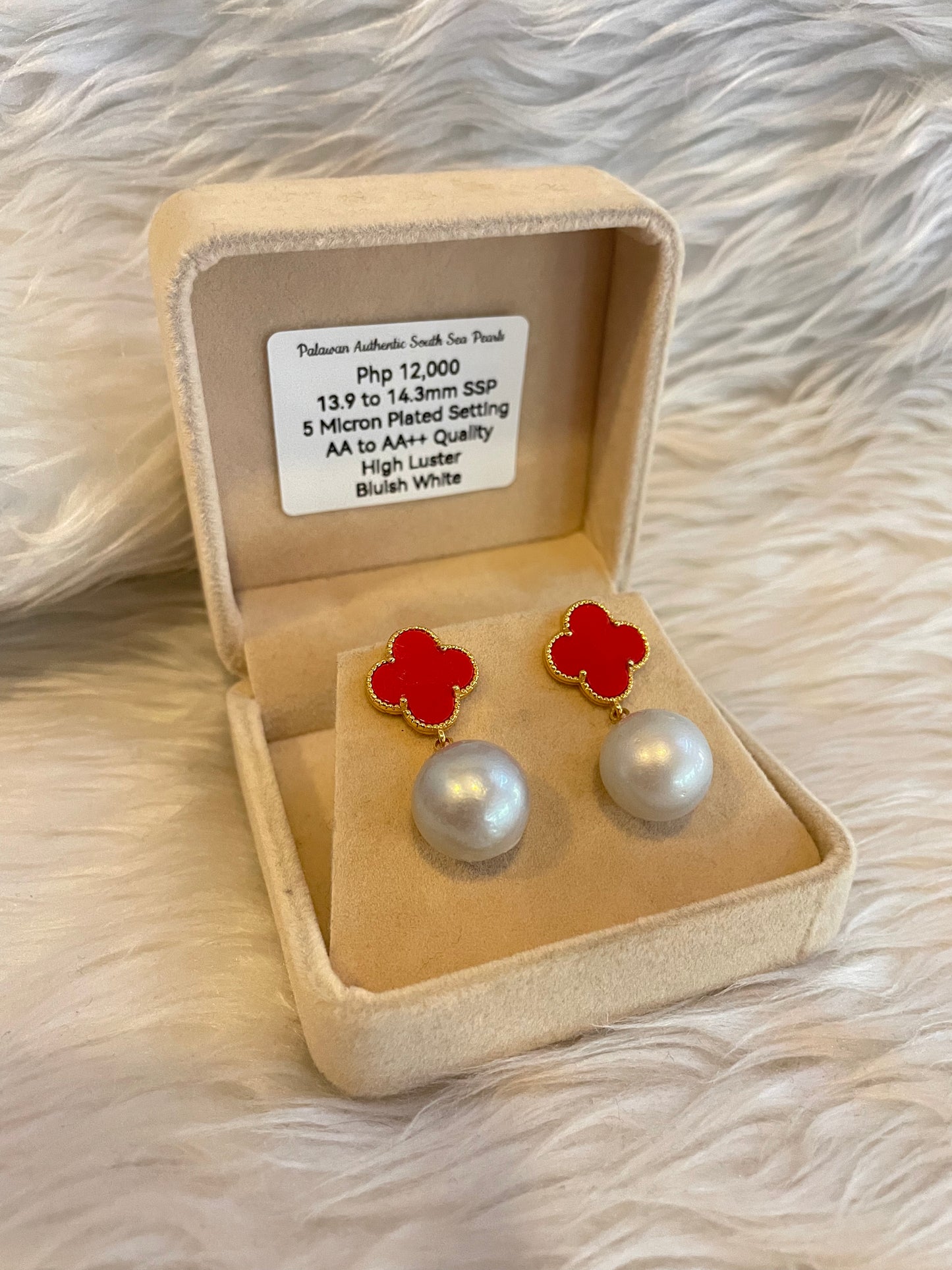 13.9mm to 14.3mm Authentic Bluish White South Sea Pearl Earrings in 5 Micron Plated Settings