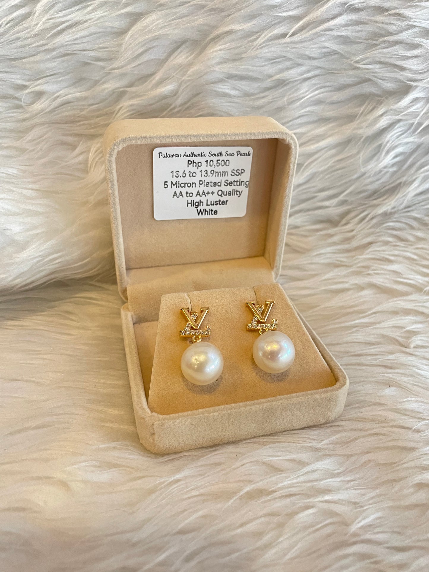 13.6mm to 13.9mm Authentic White South Sea Pearl Earrings in 5 Micron Plated Settings