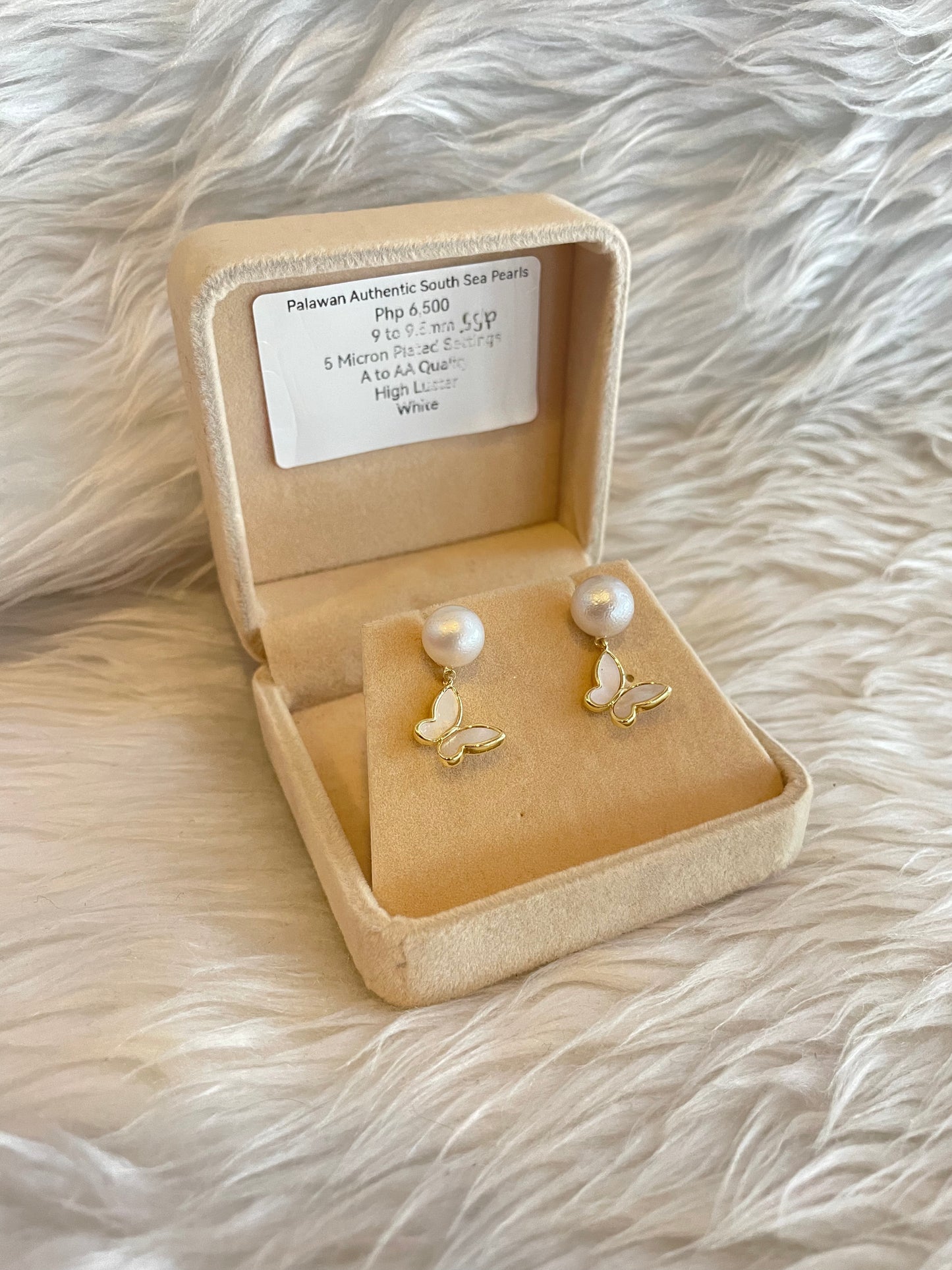 9mm to 9.6mm Authentic White South Sea Pearl Earrings in 5 Micron Plated Settings