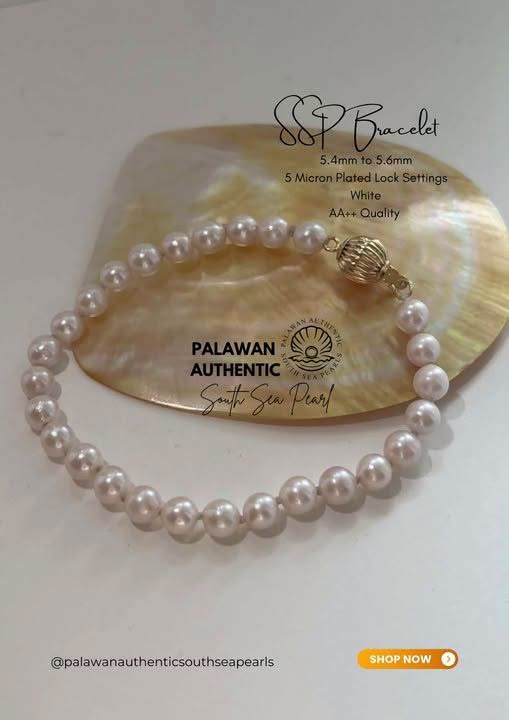5.4mm to 5.6mm Palawan Authentic White Color South Sea Pearl Bracelets in 5 Micron Lock Settings