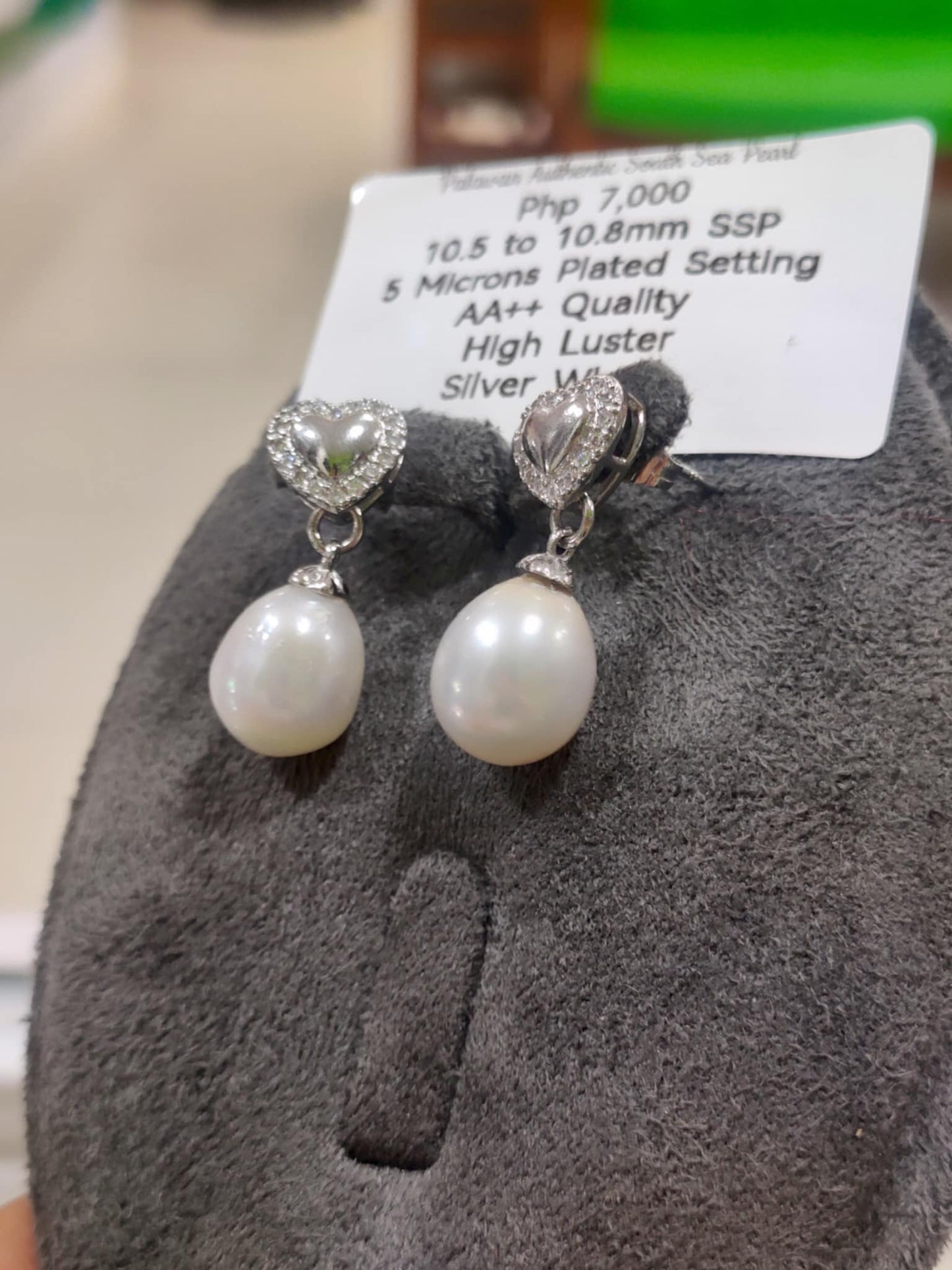 10.5mm to 10.8mm Authentic Silver White Color South Sea Pearls Earrings in 5 Micron Plated Settings