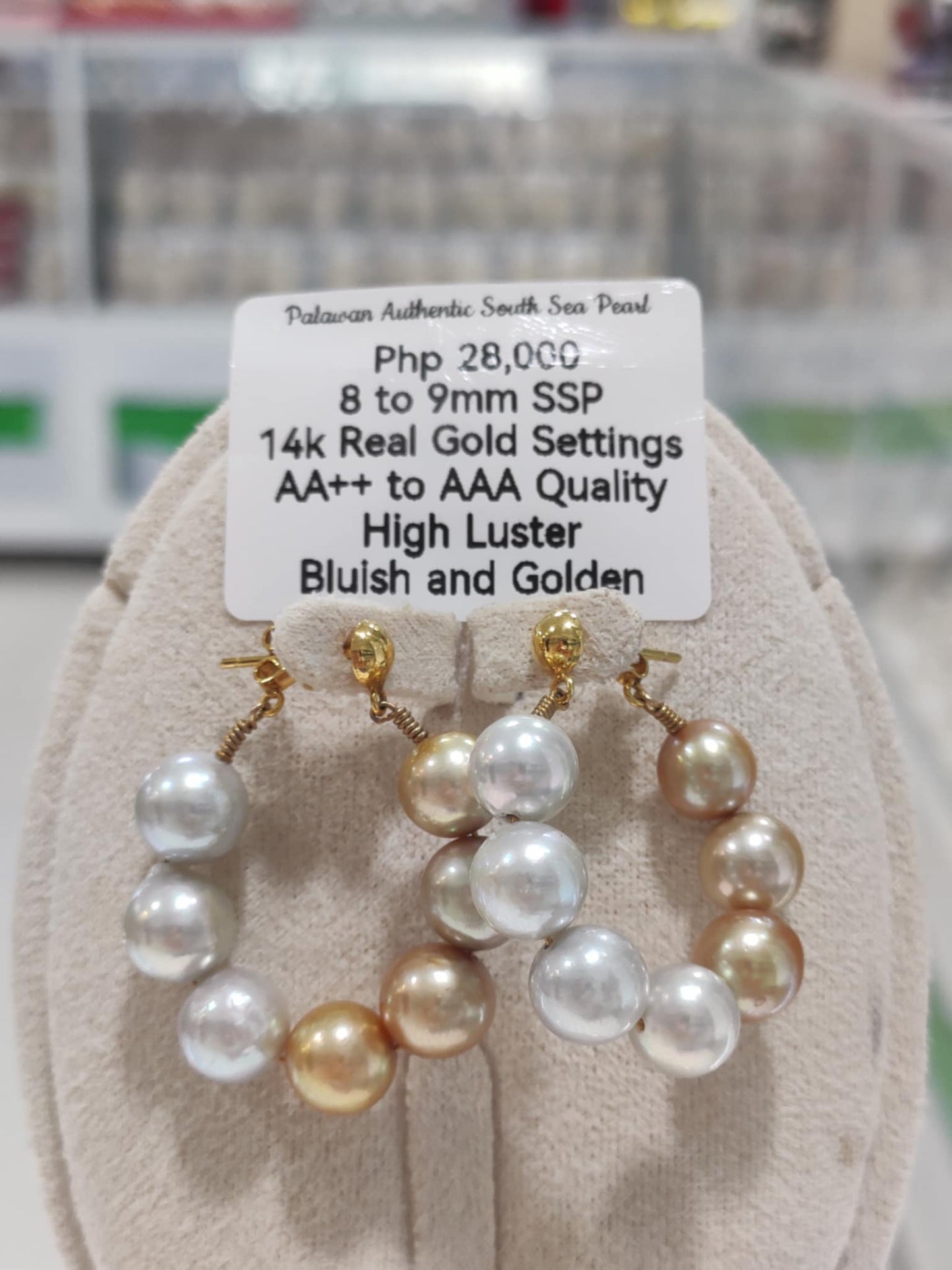 8mm to 9mm Authentic Bluish and Golden Color South Sea Pearls in 14k Real Gold Settings
