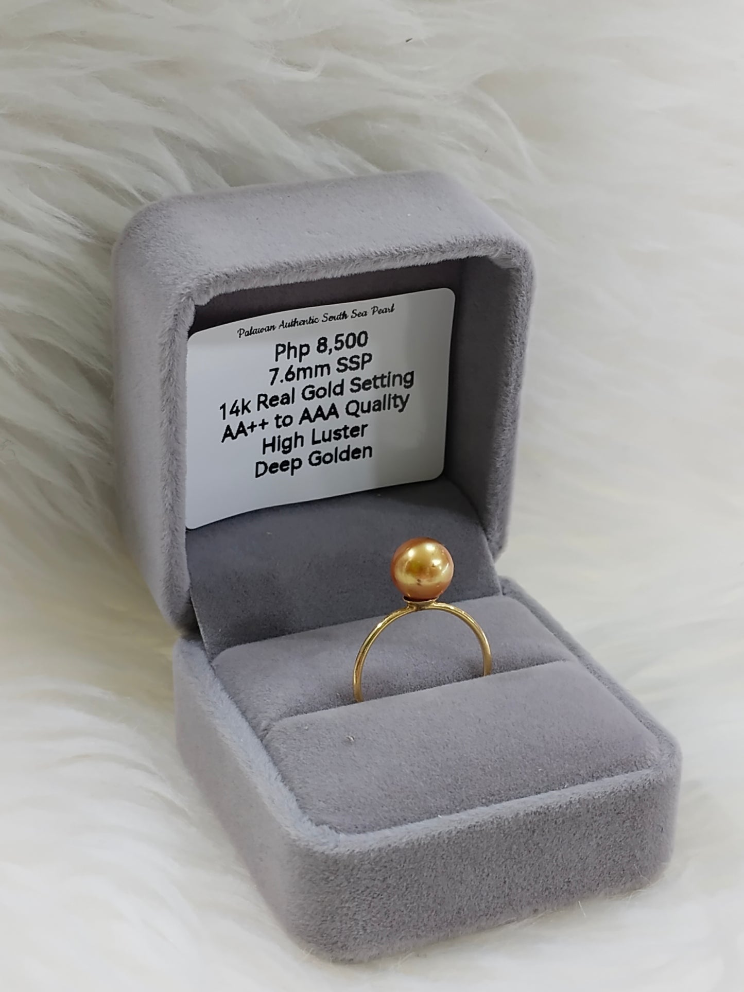 7.6mm Authentic Deep Golden Color South Sea Pearl Rings in 14k Real Gold Settings