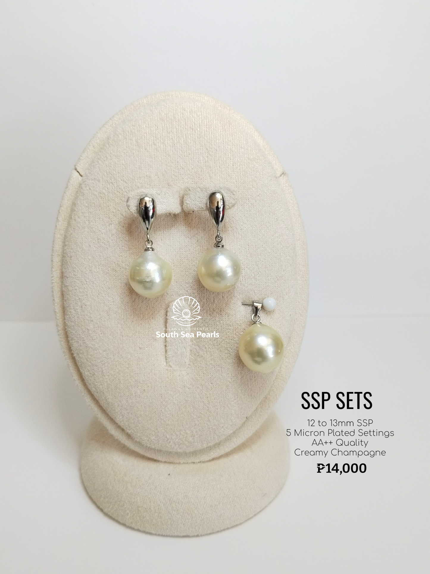 12mm to 13mm Palawan Authentic Creamy Champagne Color South Sea Pearl Sets in 5 Micron Plated Settings