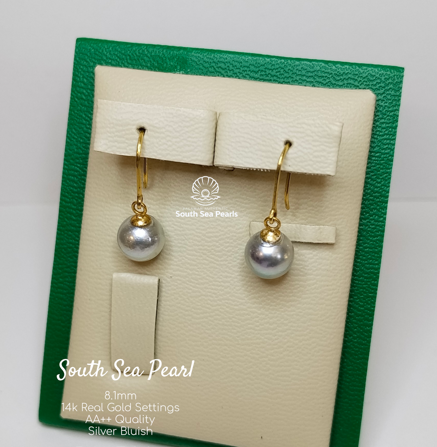 8.1mm Palawan Authentic Silver Bluish Color South Sea Pearl Earrings in 14k Real Gold Settings