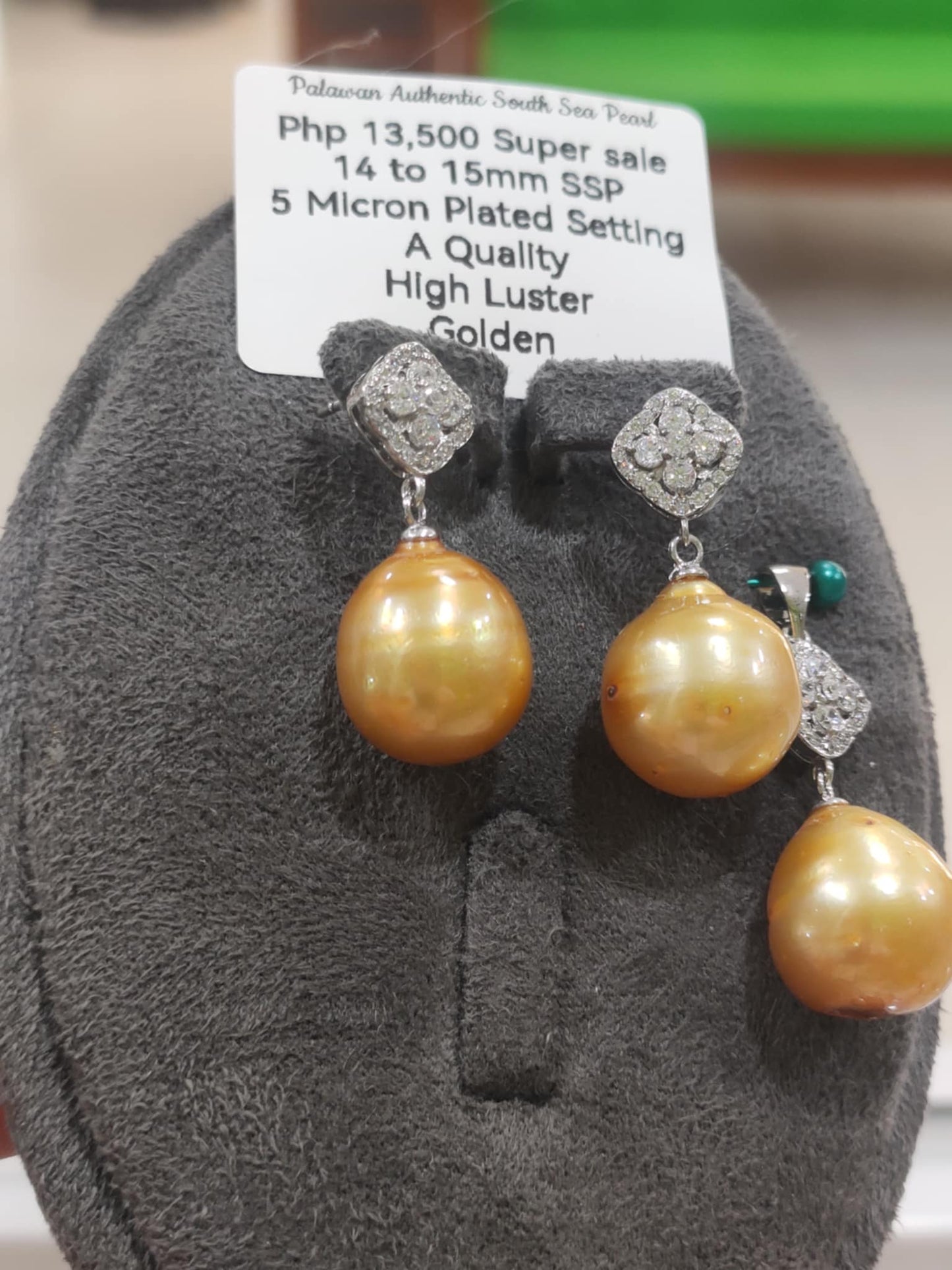 14mm to 15mm Authentic Golden Color South Sea Pearls Sets in 5 Micron Plated Settings