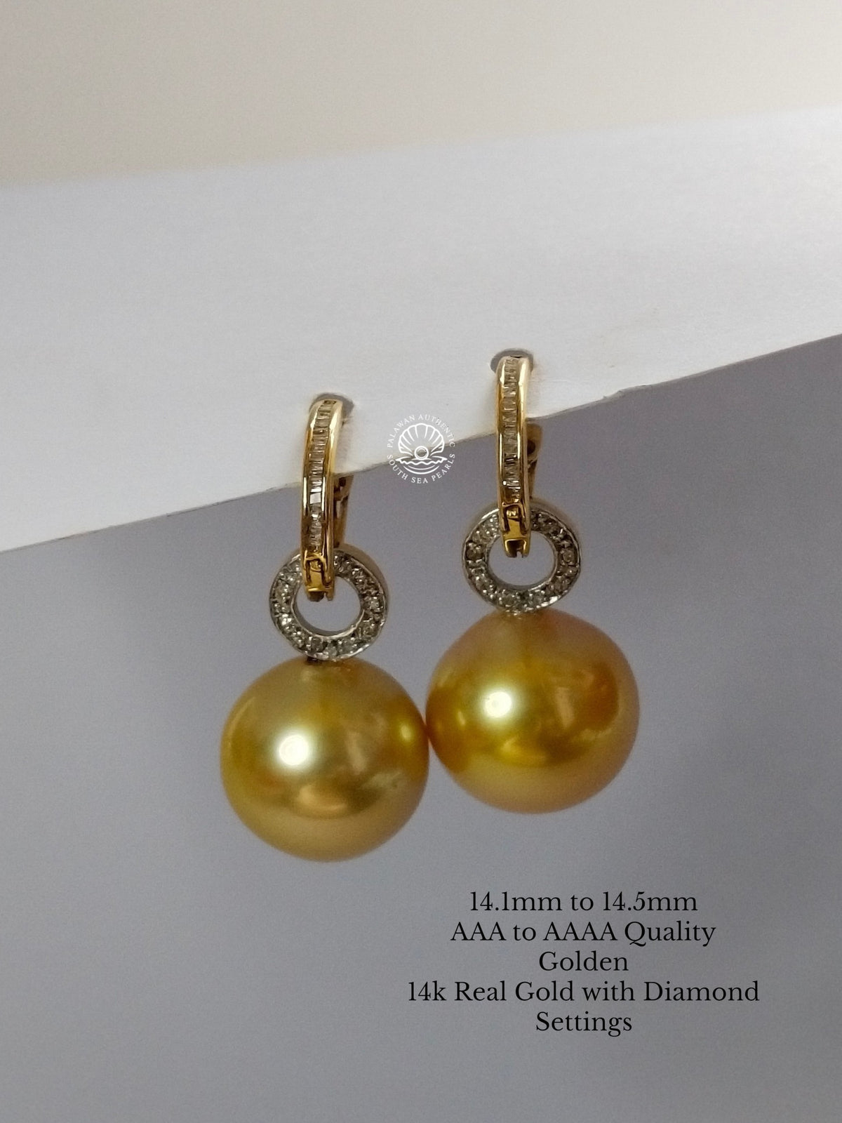 14.1 to 14.5mm Palawan Authentic Golden Color South Sea Pearl in 14k Real Gold and Diamonds