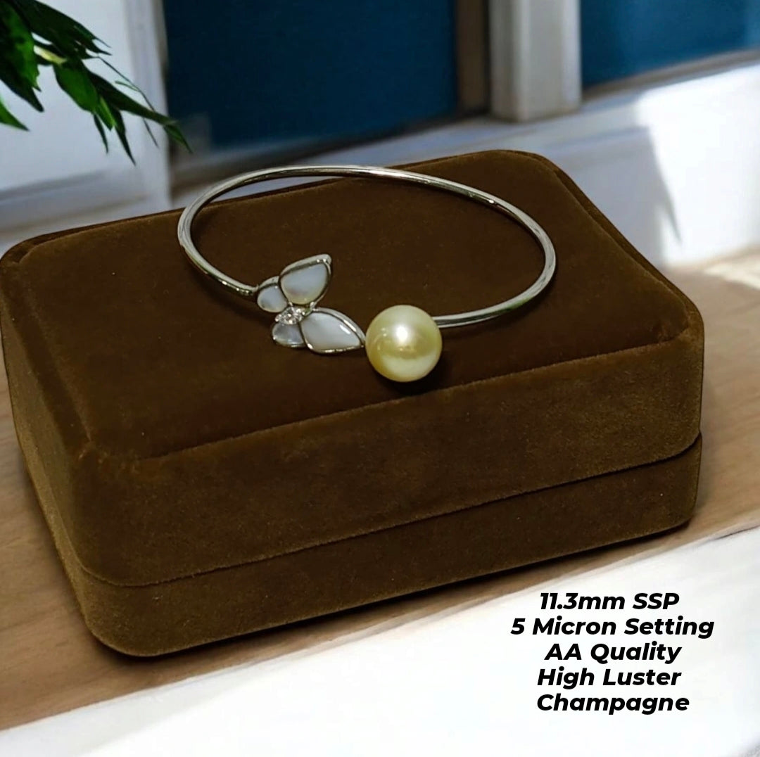 New Arrival! 11.3mm Authentic Champagne Color South Sea Pearl Bangle in 5 Micron Setting